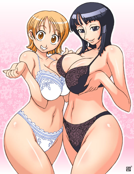 2girls 2women belly_button best_friends best_girls big_ass big_breasts big_girls big_thighs black_eyes black_hair black_underwear bra breasts brown_eyes brown_lingerie cleavage cute dat_ass eye_contact female female_only happy_female heavy_breasts holding_breast huge_ass huge_breasts kenix large_breasts lingerie multiple_girls nami naughty_smile nico_robin older_female older_female_young_female one_piece orange_hair panties pre-timeskip shiny_hair shiny_skin smile smiling_at_viewer squeezing_breast thick_thighs thong_panties tits_on_tits white_underwear younger_female