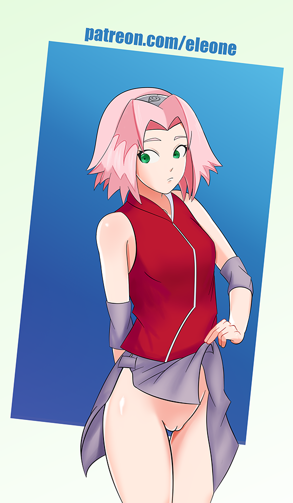 1girls clothing elbow_pads elbow_tufts eleone female female_only fully_clothed green_eyes headband legs naruto naruto_(series) naruto_shippuden pink_hair pussy sakura_haruno skirt skirt_lift skirt_pull solo thighs upskirt vagina