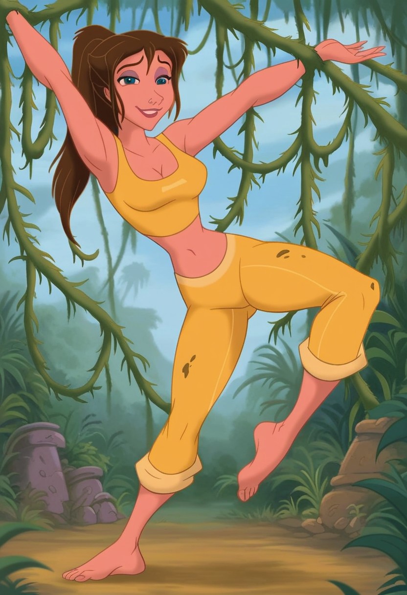 1girls ai_generated ass bare_shoulders barefoot bigmic145 blue_eyes breasts brown_hair brown_hair_female cleavage crop_top dirty_feet disney disney_princess feet female female_only jane_porter jungle jungle_girl legs medium_breasts midriff mud muddy navel solo solo_female tarzan_(1999_film) yoga yoga_pants