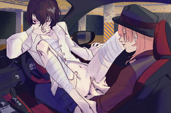 2boys bandage blush blushing bottom_dazai brown_eyes brown_hair brown_hair_male bsd bungo_stray_dogs bungou_stray_dogs car car_seat car_sex carseat chuuya_nakahara clitoral_stimulation clothed color colored colored_sketch cuntboy cuntboy/male cuntboy_on_male cuntboy_penetrated dazai_osamu finger_on_clitoris in_car intersex legs legs_apart legs_open legs_spread light-skinned_male light_skin looking_away male male/male male_only male_penetrated male_penetrating male_penetrating_male nakahara_chuuya osamu_dazai pale-skinned_male pale_skin parking_garage partially_clothed partially_nude penetration penis_in_pussy red_hair red_hair_male rubbing_clitoris steering_wheel vaginal_penetration vehicle vehicle_sex