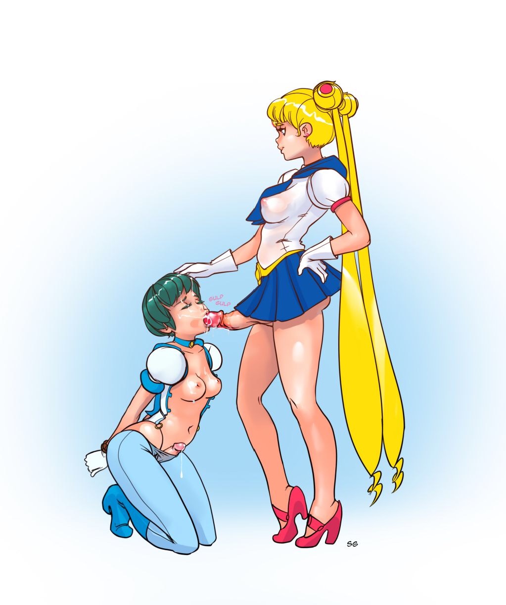 2futas, ami mizuno, bdsm, big penis, bishoujo senshi sailor moon, blonde hair, blowjob, breasts, clothing, cum, cum on face, earrings, erect nipples, fellatio, futa on futa, futa only, futa sans balls, futadom, futanari, futasub, gloves, hand on head, hands behind back, hands tied, heels, high heels, human, intersex, jjfrenchie, kneeling, nipples, no balls, oral, pale skin, penis, penis size difference, precum, sailor mercury, sailor moon, skirt, small breasts, small penis, uncensored, uniform, usagi tsukino, yellow hair