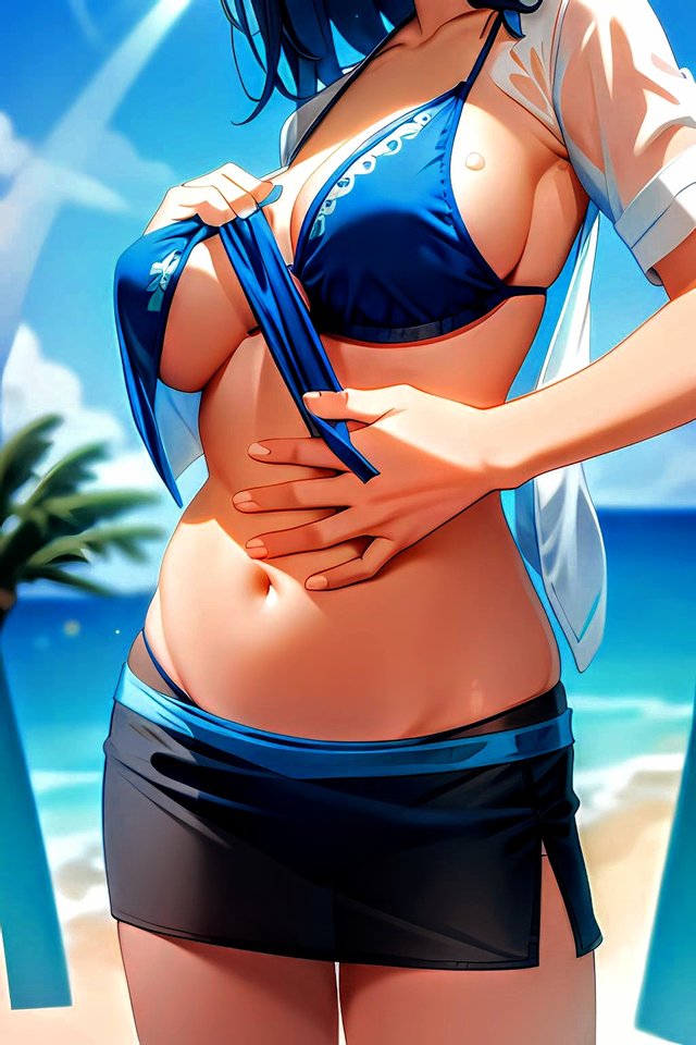 1girls 2:3 adult ai_generated ai_hands artist_request bare_midriff beach bikini bikini_top blue_bikini breasts character_request cleavage collarbone female female_only head_out_of_frame human large_breasts legs_out_of_frame mature microskirt naughty navel ocean open_clothes open_shirt outdoors outside palm_tree seducing seduction seductive short_sleeves solo source_request tagme woman