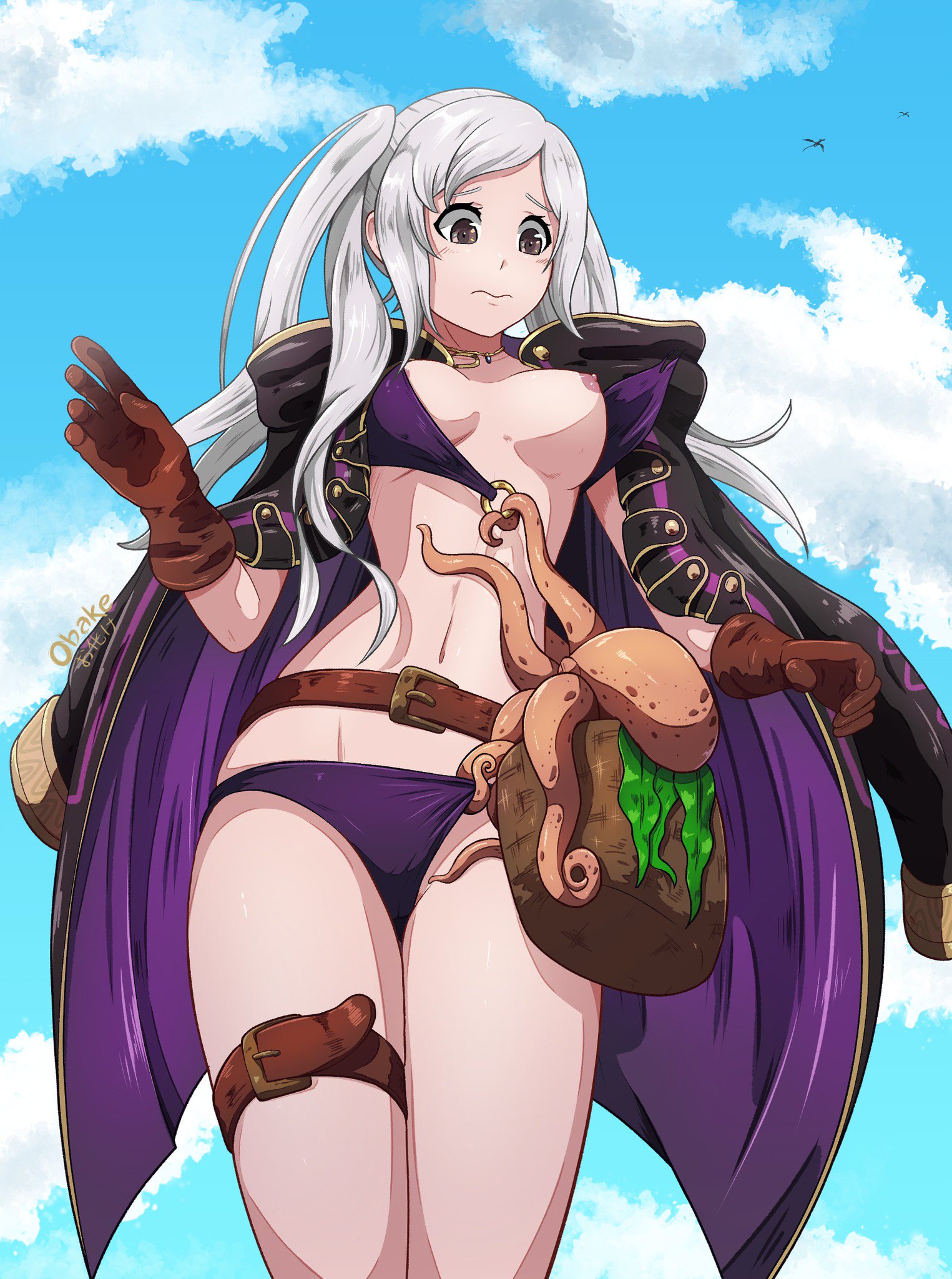 1girls, bikini, breasts, female, fire emblem, fire emblem awakening, fire emblem heroes, obakeart, octopus, one breast out, robin (fire emblem), robin (fire emblem) (female), tagme