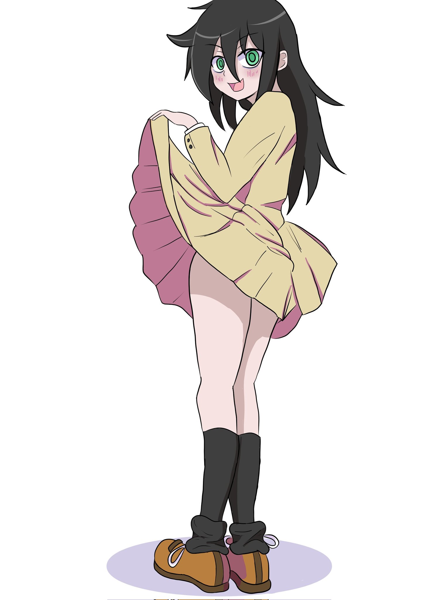 1girls, blush, female, hips, kuroki tomoko, looking at viewer, school uniform, schoolgirl, shoes, simple background, skirt, skirt lift, skirt up, socks, solo, teasing, teenager, thighs, watashi ga motenai no wa dou kangaetemo omaera ga warui!, white background, xnandoneko