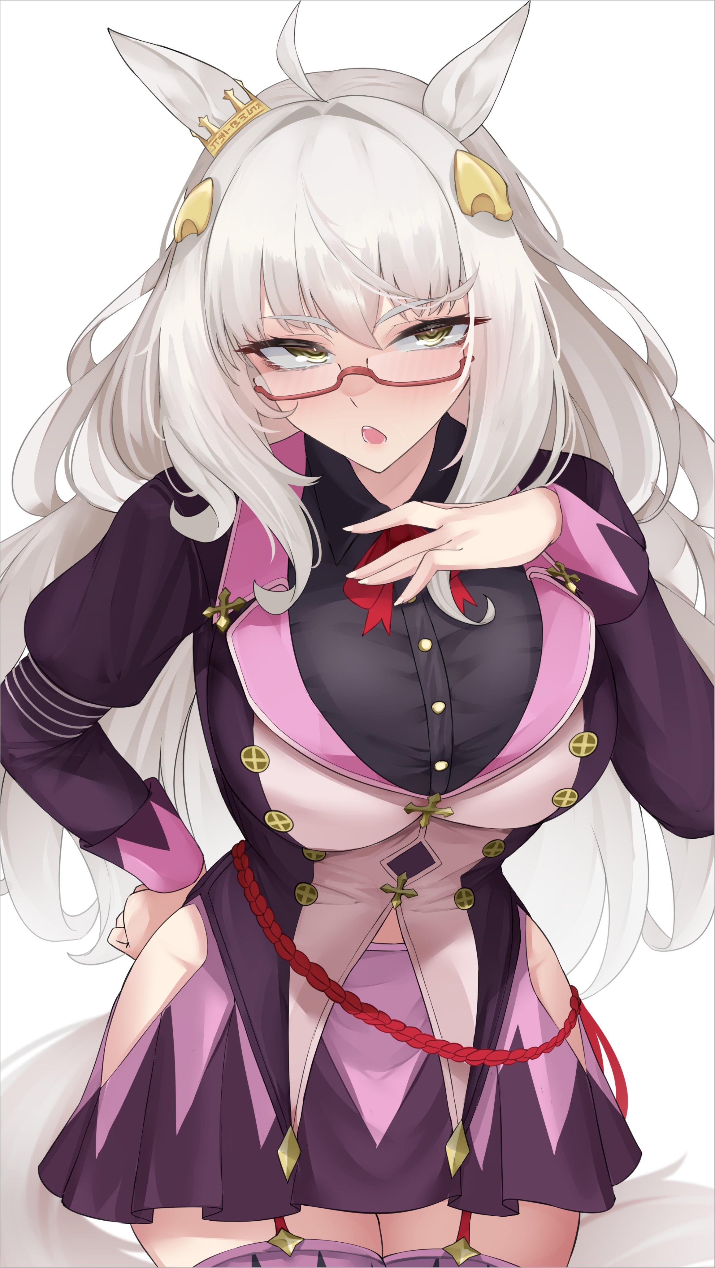 absurdres, ahoge, animal ears, biwa hayahide (pf. winning equation...) (umamusume), biwa hayahide (umamusume), breasts, ear ornament, female, female only, glasses, grey hair, hair between eyes, hair ornament, highres, horse ears, horse girl, horse print, horse tail, long hair, red-framed eyewear, semi-rimless eyewear, tail, umamusume, under-rim eyewear, xkittyzx, yellow eyes