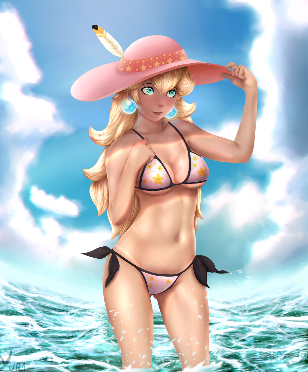 1girls abs alternate_breast_size alternate_outfit bikini blonde_hair blue_eyes breasts cape_feather cleavage clothed earrings feather female female_only hair hat human long_hair looking_away mario_(series) navel nintendo partially_submerged pink_bikini princess princess_peach sideboob sky solo source_request starman_(mario) super_mario_world thigh_gap underboob water watermark wet wide_hips yur1rodrigues