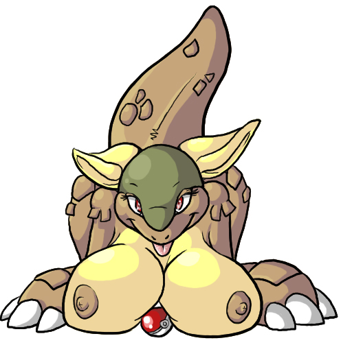 anthro breasts female female_only front_view game_freak huge_breasts kangaskhan looking_at_viewer nipples nude pokémon_(species) pokeball pokeball_between_breasts pokemon red_eyes white_background yoshii