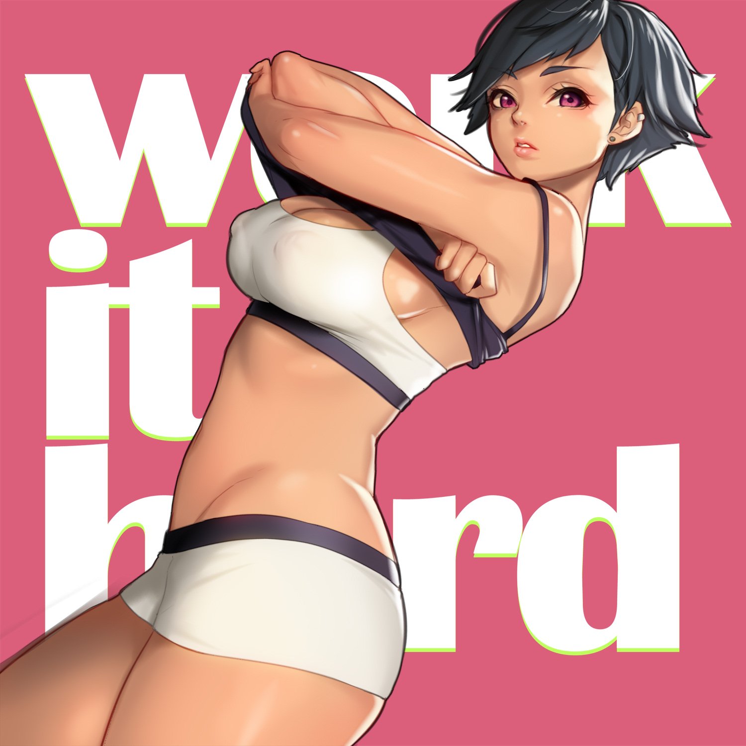 1girls, bangs, black hair, booty shorts, breasts, cleavage, dark skin, dark-skinned female, earrings, erect nipples, eyebrows visible through hair, female, highres, jewelry, large breasts, lips, looking at viewer, masami chie, nipples, original, original character, pink background, pink eyes, short hair, shorts, simple background, solo, sports bra, tank top, text, tomboy, undressing, very short hair
