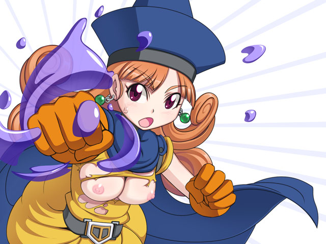 alena_(dq4) breasts cape caryo clothing dragon_quest dragon_quest_iv dress gloves hat nanashino nipples red_eyes red_hair slime slime_(dragon_quest) small_breasts sweatdrop torn_clothes yellow_dress