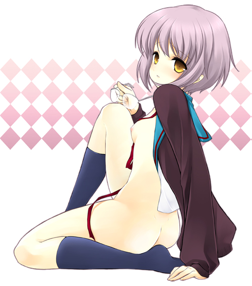 blush bottomless breasts footwear glasses hazel_eyes holding holding_glasses juna kneeling looking_back nagato_yuki no_panties open_clothes open_shirt school_uniform serafuku shirt short_hair sideboob sitting socks suzumiya_haruhi_no_yuuutsu yellow_eyes