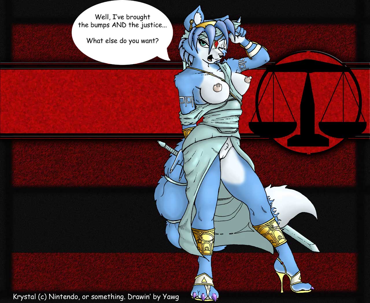 anthro bindi black_nose blue_fur blue_hair breasts clothes color cyan_eyes dialog ear_piercing english_text female female_only footwear fox fur furry furry_breasts furry_ears furry_tail hair high_heels holding holding_sword jewelry krystal looking_at_viewer nipples open_mouth overhand_grip piercing pointing pointy_ears shoes short_hair solo speech_bubble standing star_fox sword tail text video_games vulva weapon white_fur wink yawg