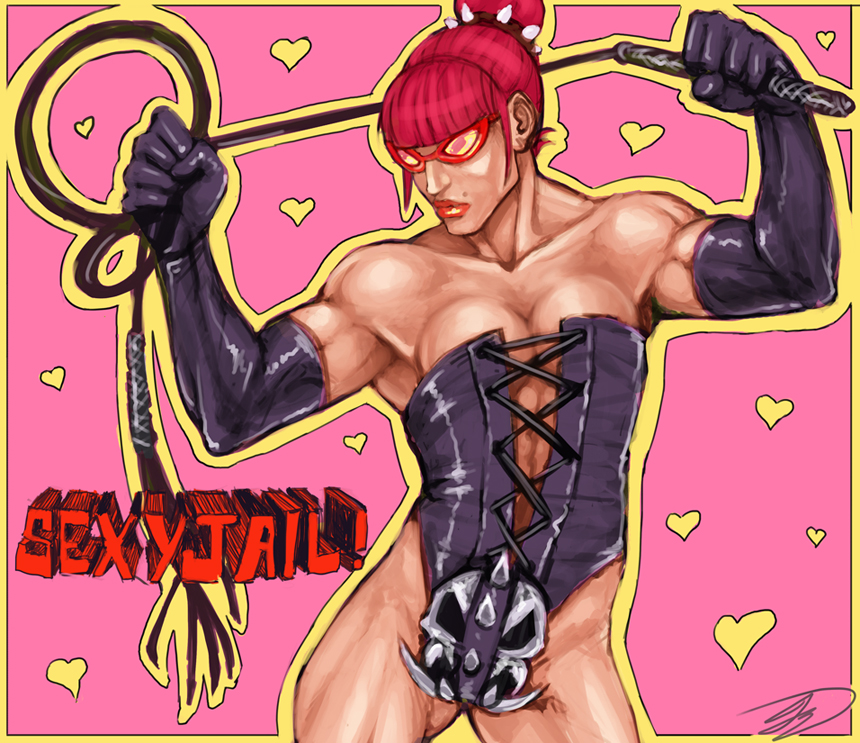 abs alice_(superjail) armpits artist_request bangs border breasts cleavage color elbow_gloves english_text eyewear female glasses gloves hearts leather mole muscular_female pink_background pose red_hair short_hair small_breasts solo superjail text whip yellow_border