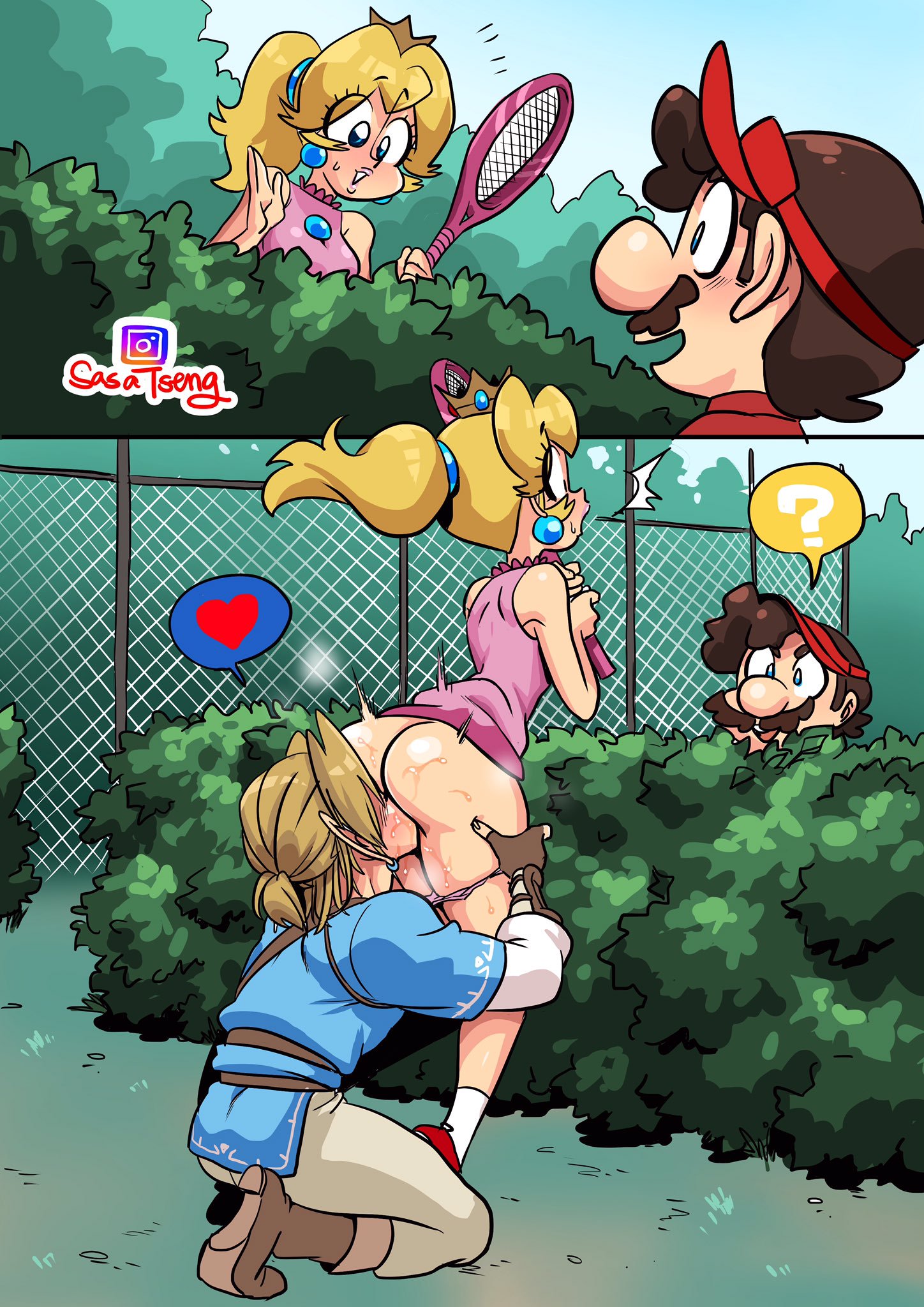 1girls, 2boys, alternate hairstyle, ass, ass on face, blonde hair, blue eyes, bottomless skirt, breasts, breath of the wild, caught in the act, crown, cunnilingus, curvy, earrings, eating ass, eating pussy, exhibitionism, eyelashes, face in ass, female, fringe, heart, large ass, licking, licking ass, licking pussy, light skin, light-skinned female, link, link (breath of the wild), lipstick, long hair, male, male with female, male with male, mario, mario (series), mario tennis, medium breasts, netorare, nintendo, no panties, oral, outdoors, pale skin, pale-skinned female, panties, panty pull, petite, pink lipstick, ponytail, princess, princess peach, public, pussy, royalty, sasatseng, skirt, skirt lift, slim, stealth oral, stealth sex, straight, tagme, tennis, tennis uniform, the legend of zelda, underwear