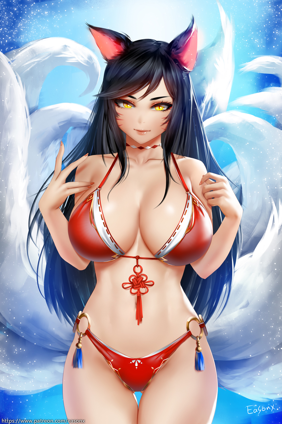 1girls, ahri, bikini, breasts, cleavage, easonx, female, female only, league of legends, looking at viewer, solo, tagme, vastaya