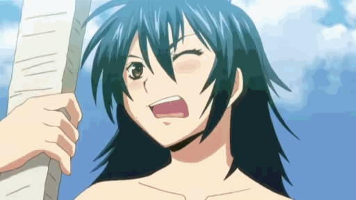 animated, bangs, big breasts, blue hair, bouncing breasts, breasts, cleavage, erect nipples, female, hoods entertainment, huge breasts, manyuu chifusa, manyuu hikenchou, nipple bulge, nipples, one eye closed, open mouth, screencap, teeth, tubetop, visible nipples