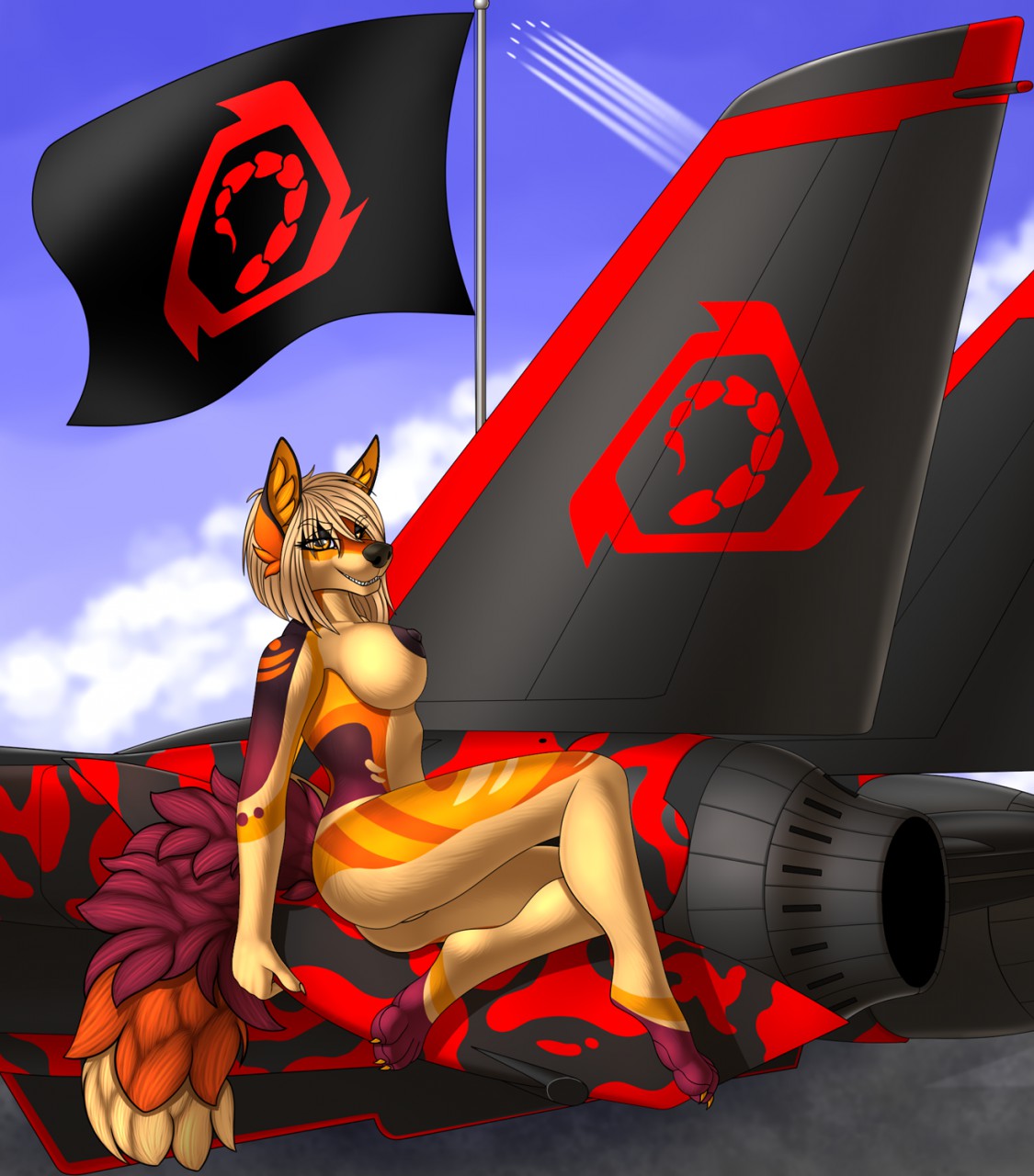 2019 anthro black_nose canid canine command_and_conquer day detailed_background digital_media_(artwork) female furry hair hi_res jet mammal nude outside sitting sky smile solo tales_foxdale tiberian_(series) tiberian_sun