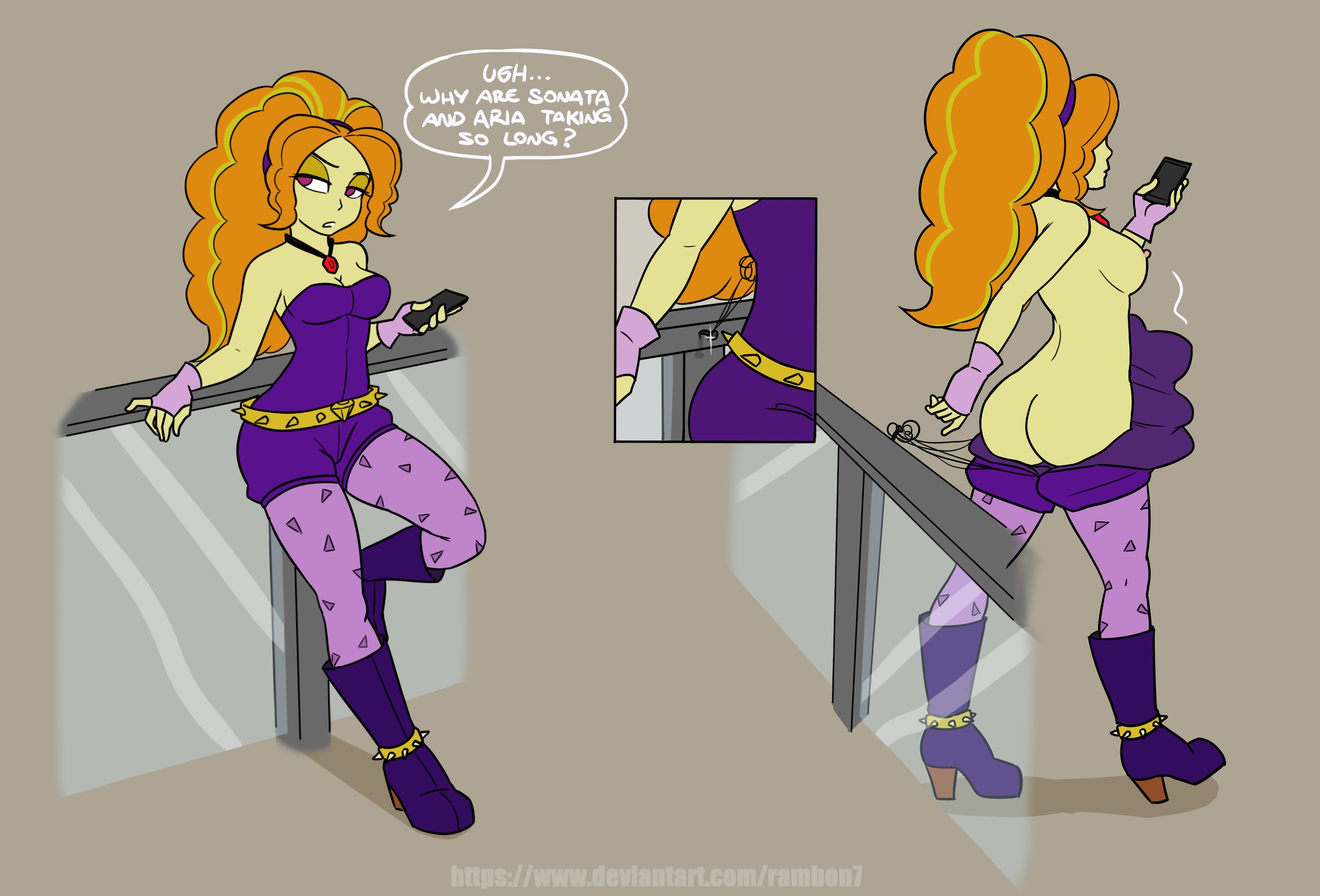 1girls, accidental exposure, adagio dazzle, areola, ass, ass crack, breasts, bubble ass, bubble butt, butt crack, clothes stuck on object, clothing pull, curvy, dialogue, edit, equestria girls, equestria girls: rainbow rocks, erect nipples, exposed, exposed ass, exposed nipples, female, female only, friendship is magic, human, human only, large ass, large breasts, lost clothes, maxhooves/rambon7, my little pony, nipples, no panties, orange hair, phone, public, public nudity, solo, text, topless, two-tone hair, unaware, wardrobe malfunction, yellow skin
