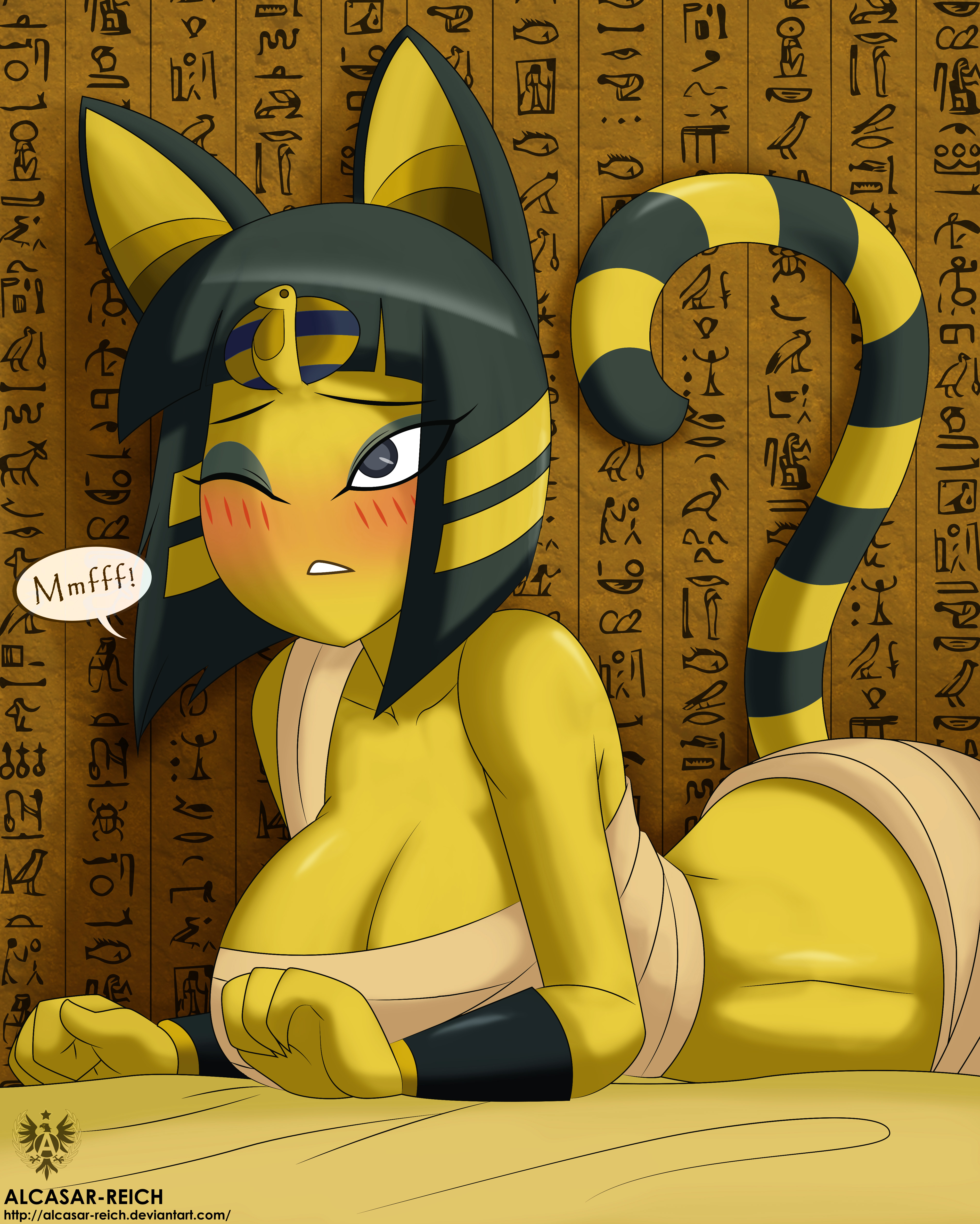 1girls, alcasar-reich, animal crossing, animal ears, ankha, anthro, ass, bandage, bandages, bent over, blush, breasts, cat ears, cat tail, cleavage, deviantart, dialogue, egyptian, english text, feline, female, furry, huge breasts, large breasts, midriff, nintendo, one eye closed, short hair, solo, tail, text, url, watermark, wide hips, wince, year request, yellow fur