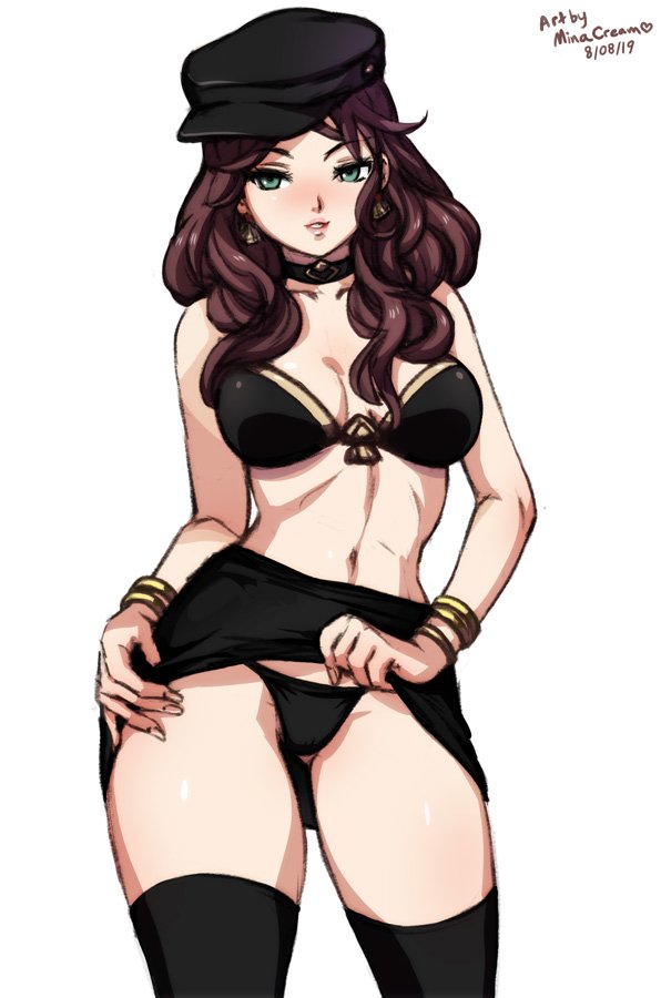 1girls, 2019, bikini, black bikini, black bikini top, bracelet, bracelets, brown hair, choker, dorothea arnault, earring, earrings, female, female focus, female only, fire emblem, fire emblem: three houses, garreg mach monastery uniform, green eyes, hat, lifted by self, light skin, light-skinned female, minacream, nintendo, pale skin, pale-skinned female, skirt, skirt lift, skirt pull, solo, stockings, thick thighs, upskirt