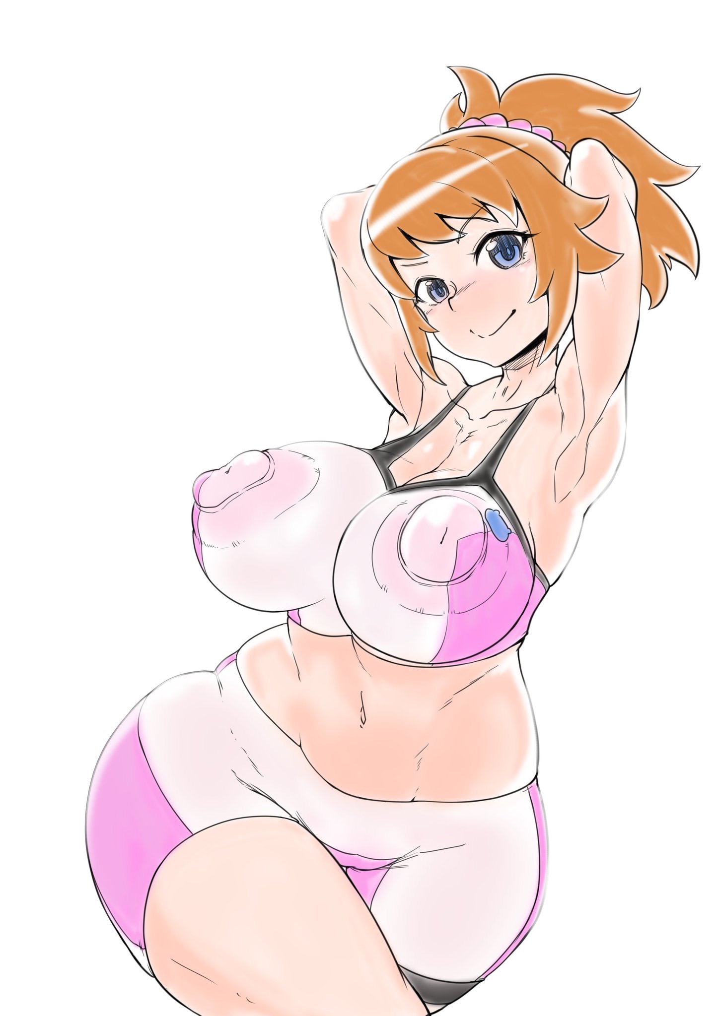 2019, arms behind head, arms up, big breasts, big nipples, blonde hair, blue eyes, breasts, female, female only, gundam, gundam build fighters, gundam build fighters try, hemelopa, hoshino fumina, tagme
