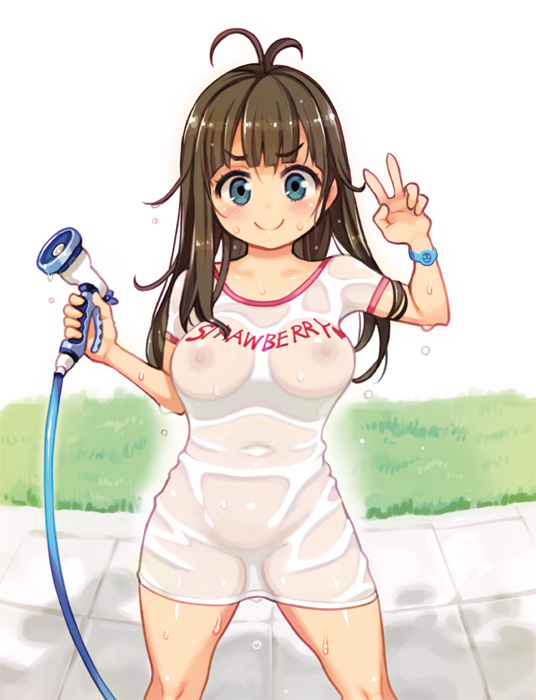 antenna_hair aqua_eyes blue_eyes blush bracelet breasts brown_hair covered_navel covered_nipples cowboy_shot female holding hose long_hair looking_at_viewer medium_breasts navel nipples no_bra no_panties no_pants ryoji_(nomura_ryouji) see-through shirt smile solo v wet wet_clothes wet_shirt wet_t-shirt