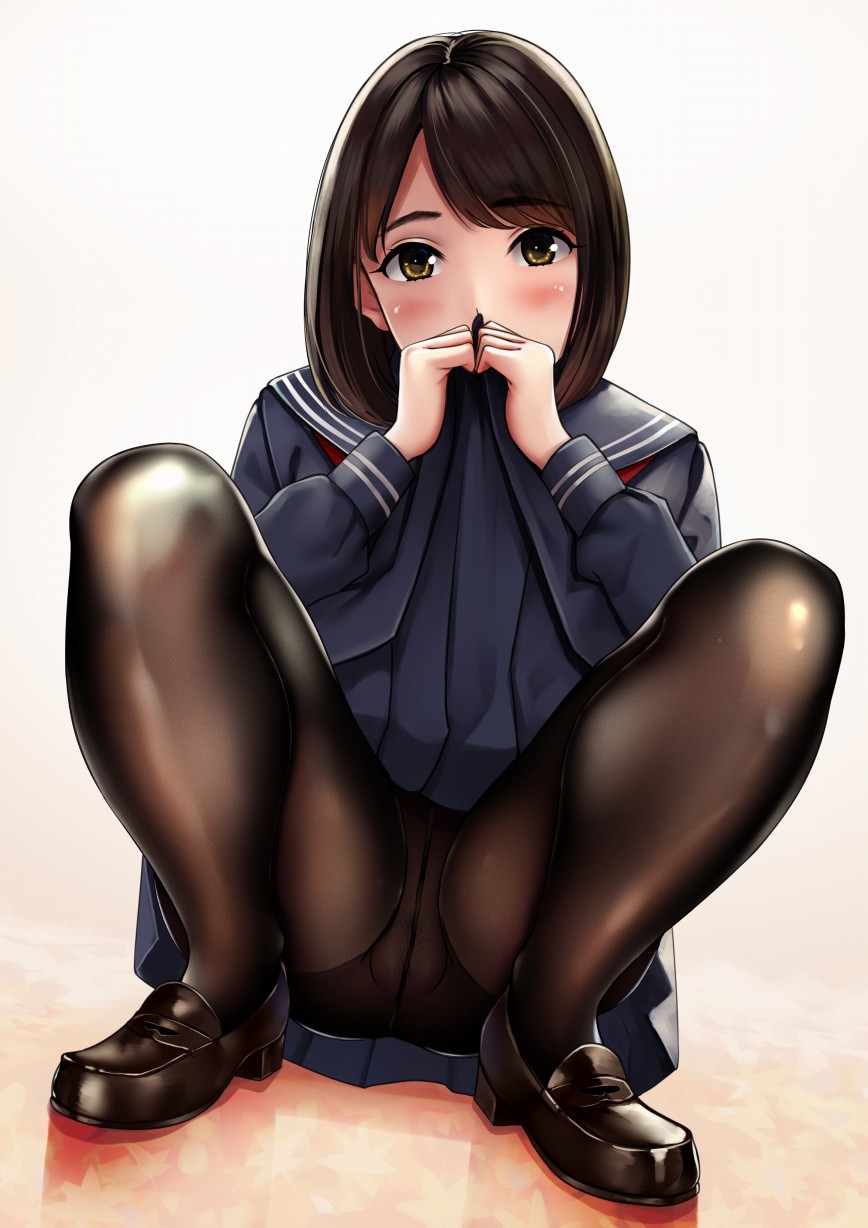 1girls, blush, female, female only, looking at viewer, neko neko koneko, pantyhose, pussy, skirt, skirt lift, squatting, upskirt