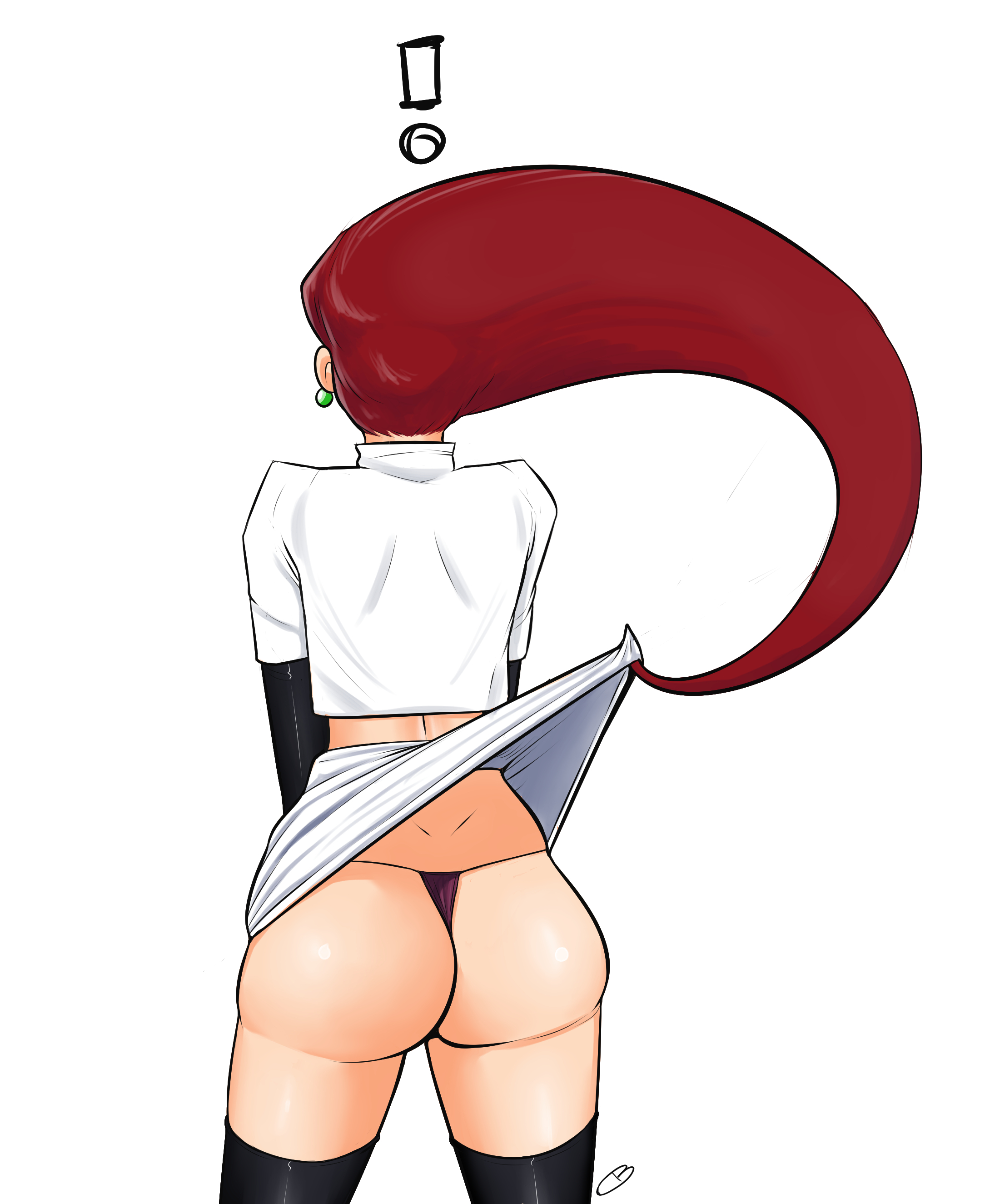 1girls, ass, big ass, captainbuttocks (artist), female, g-string, jessie (pokemon), latex, miniskirt, panties, pokemon, pokemon rgby, red hair, skirt lift, skirt pull, source request, thick thighs, thighhighs, thong, upskirt, watermark, wide hips