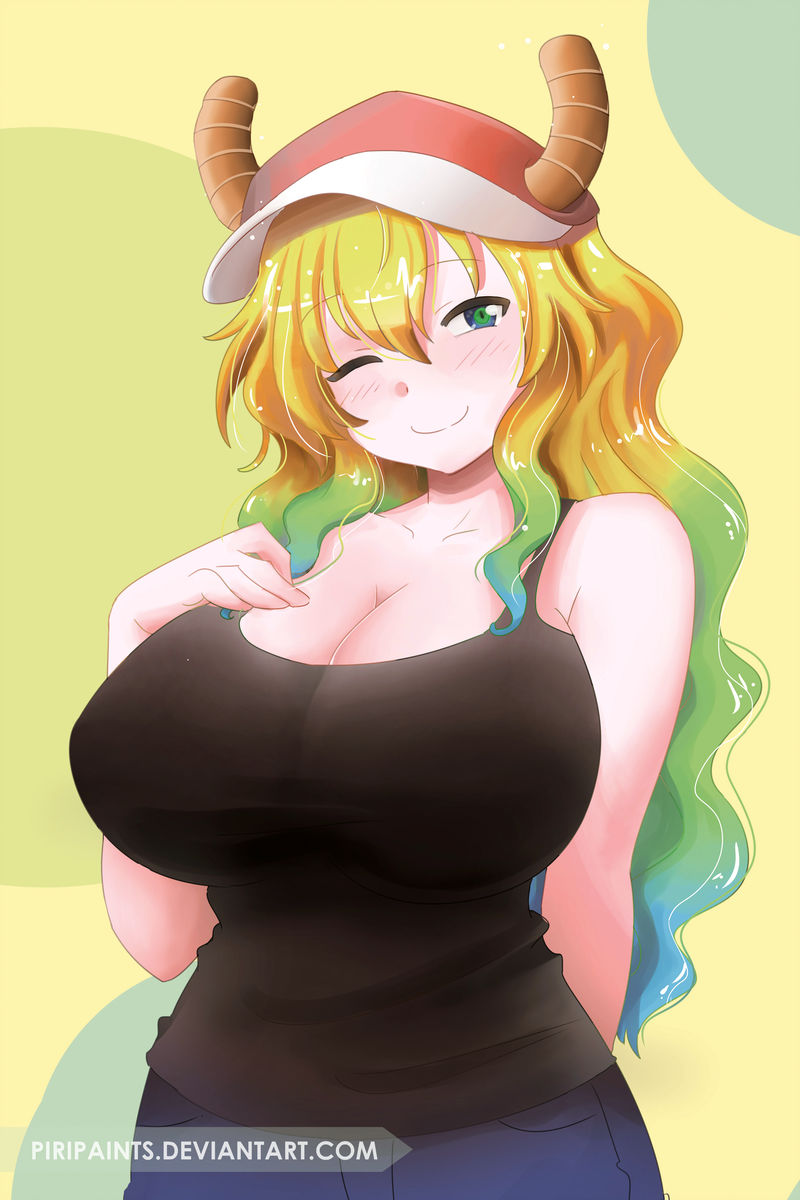 ;), 1girls, bare shoulders, baseball cap, big breasts, blonde hair, blush, breasts, cleavage, cute, deviantart, female, green eyes, hand on breast, hat, horns, jean shorts, large breasts, long hair, miss kobayashi's dragon maid, one eye closed, quetzalcoatl (dragon maid), smile, tank top, wink