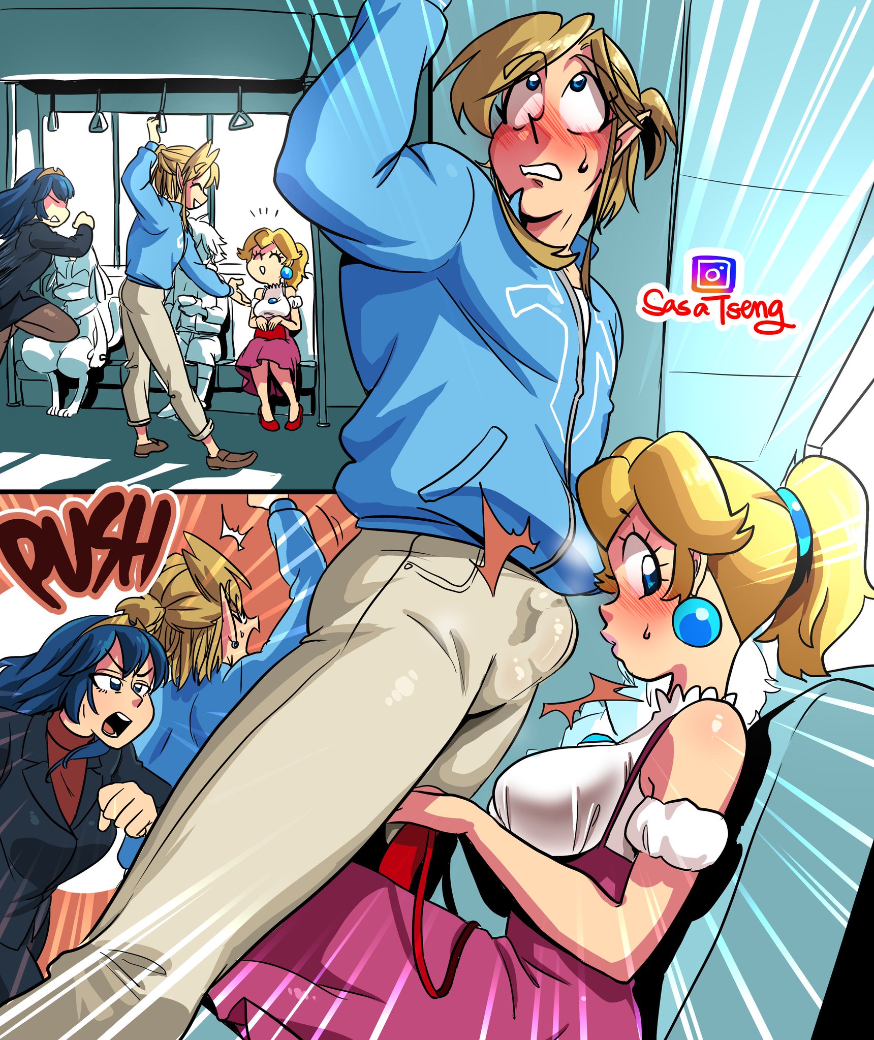 1boy, 2girls, big breasts, blonde hair, blue eyes, blue hair, blush, breast cutout, breasts, breath of the wild, bulge, bulge in face, clothed, clothing, crossover, dress, earrings, embarrassed, erection under clothes, female, fire emblem, fire emblem awakening, indoors, link, link (breath of the wild), looking away, lucina (fire emblem), male, mario (series), multiple females, multiple girls, nintendo, penis, penis in face, ponytail, princess peach, public, sasatseng, shove, sweatshirt, the legend of zelda, tied hair