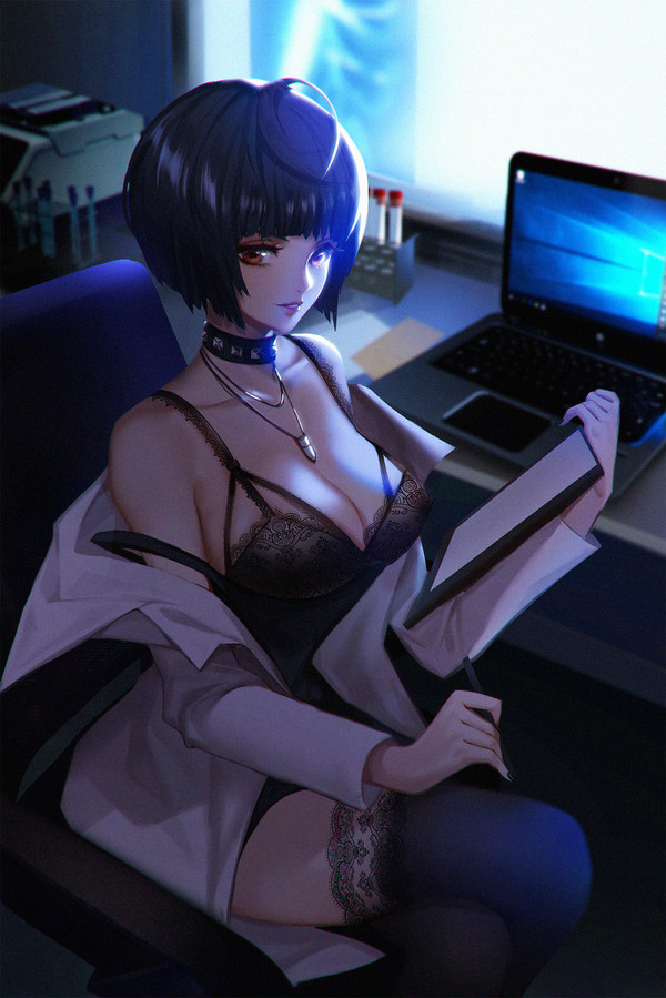 1girls, black hair, breasts, choker, cleavage, curvaceous, doctor, female, large breasts, lingerie, looking at viewer, persona, persona 5, smile, tae takemi, tagme, thighhighs, thighs, voluptuous, z.h.m