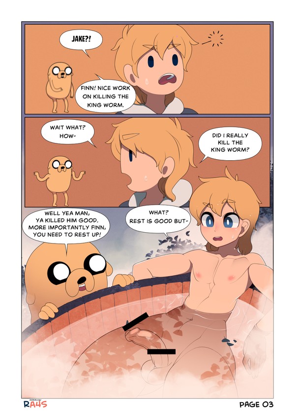 abs, adventure time, bath, censored, comic, english text, femboy, finn the human, gay, jake the dog, male, nude, ra4s, thick thighs, useless censoring