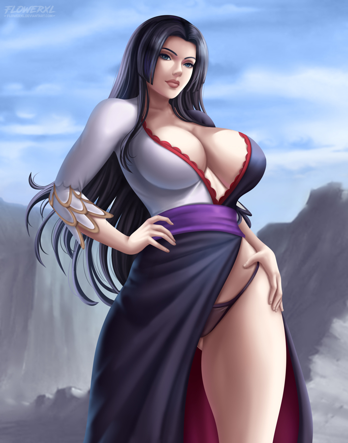 1girls, big breasts, black hair, black-haired female, boa hancock, breasts, cleavage, female, female only, flowerxl, large breasts, one piece, panties, solo
