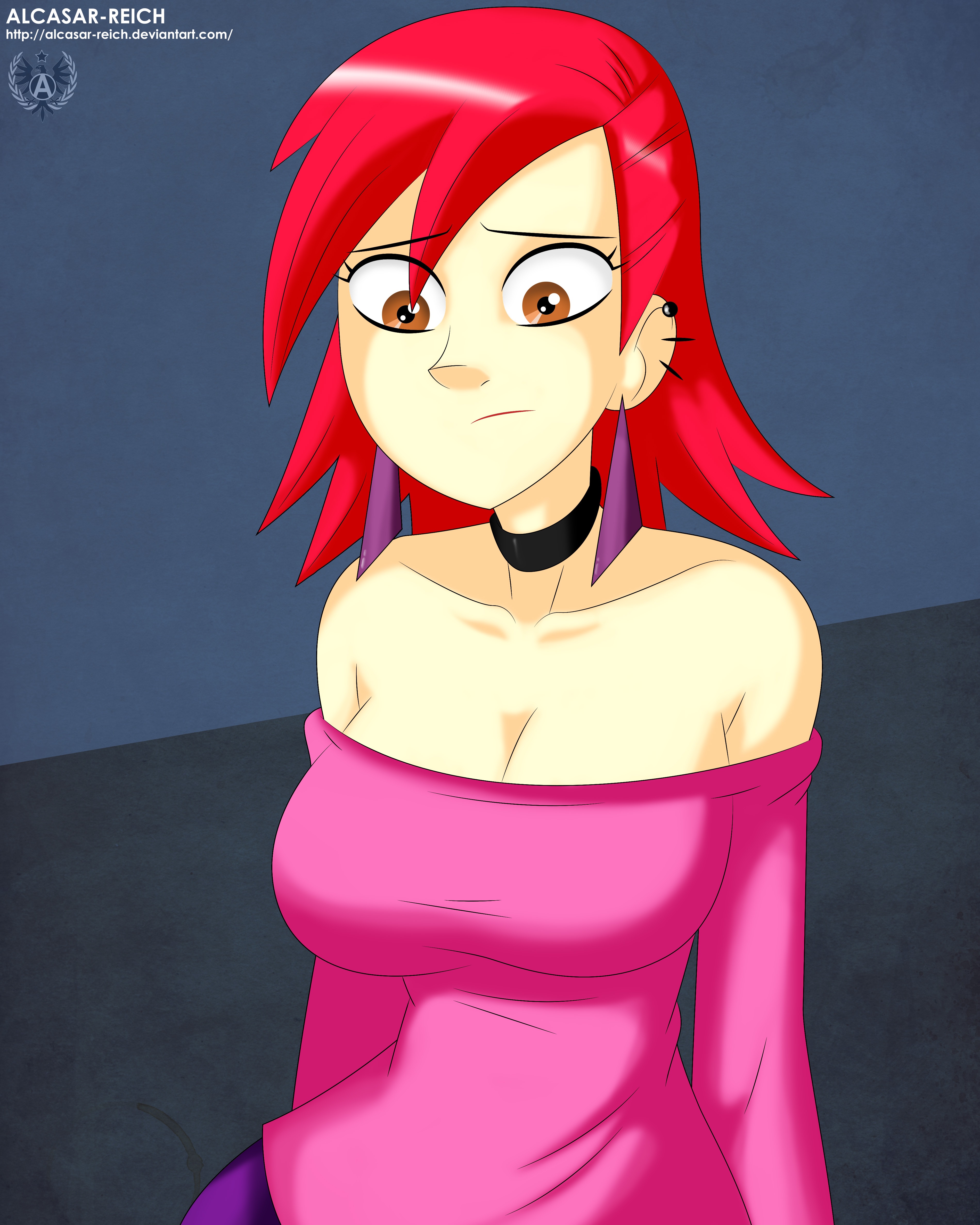 1girls, alcasar-reich, bare shoulders, big breasts, breasts, brown eyes, cartoon network, choker, cleavage, clothing, ear piercing, earrings, female, female only, foster's home for imaginary friends, frankie foster, large breasts, long sleeves, off shoulder, pink shirt, red hair, shirt, short hair, solo