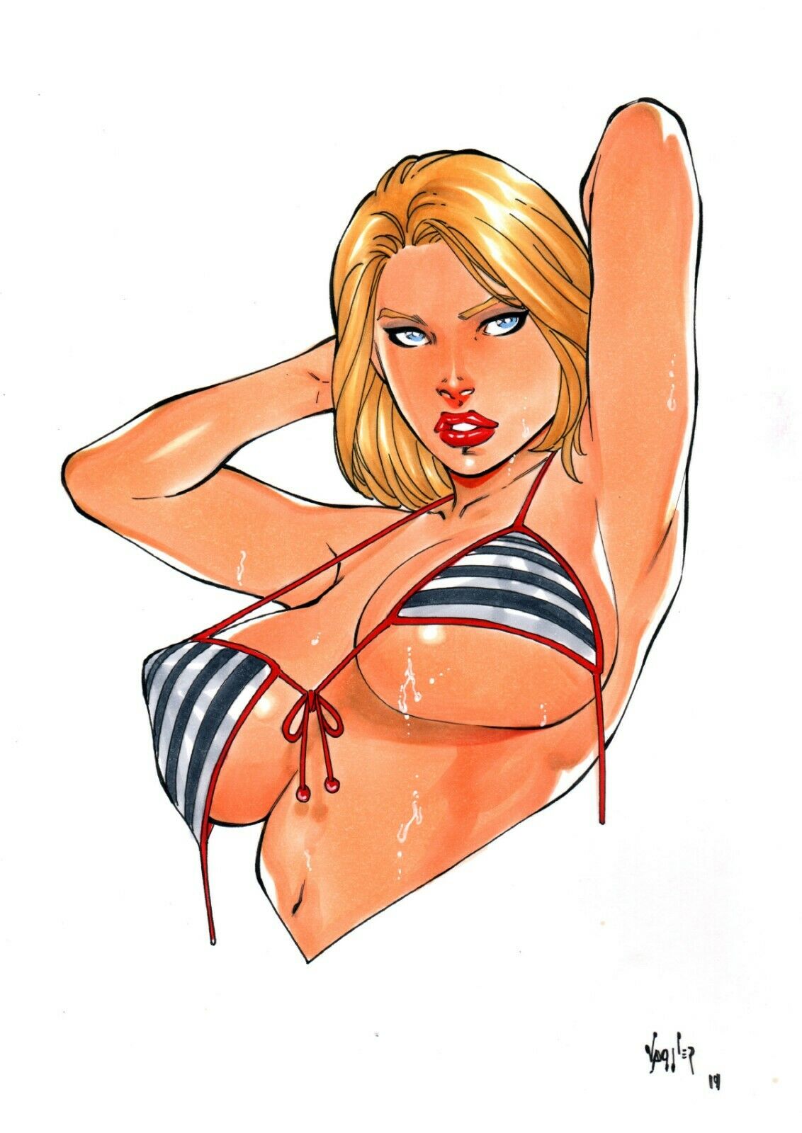 1girls 2019 armpit arms_up big_breasts bikini bikini_top blonde_eyebrows blonde_hair blue_eyes blue_striped_bra bra breasts busty cleavage curvaceous curvy dated dc dc_comics earth-2 earth2 earth_2 ed_benes_studio eyeshadow female female_only horizontal-striped_bra horizontal_stripes jsa justice_society justice_society_of_america karen_starr kryptonian large_breasts lipstick makeup mascara nipple_bulge pinup power_girl red_lips red_lipstick short_hair signature solo striped_bikini striped_bikini_top striped_bra superheroine upper_body vagner_fernandes voluptuous wet white_stripes