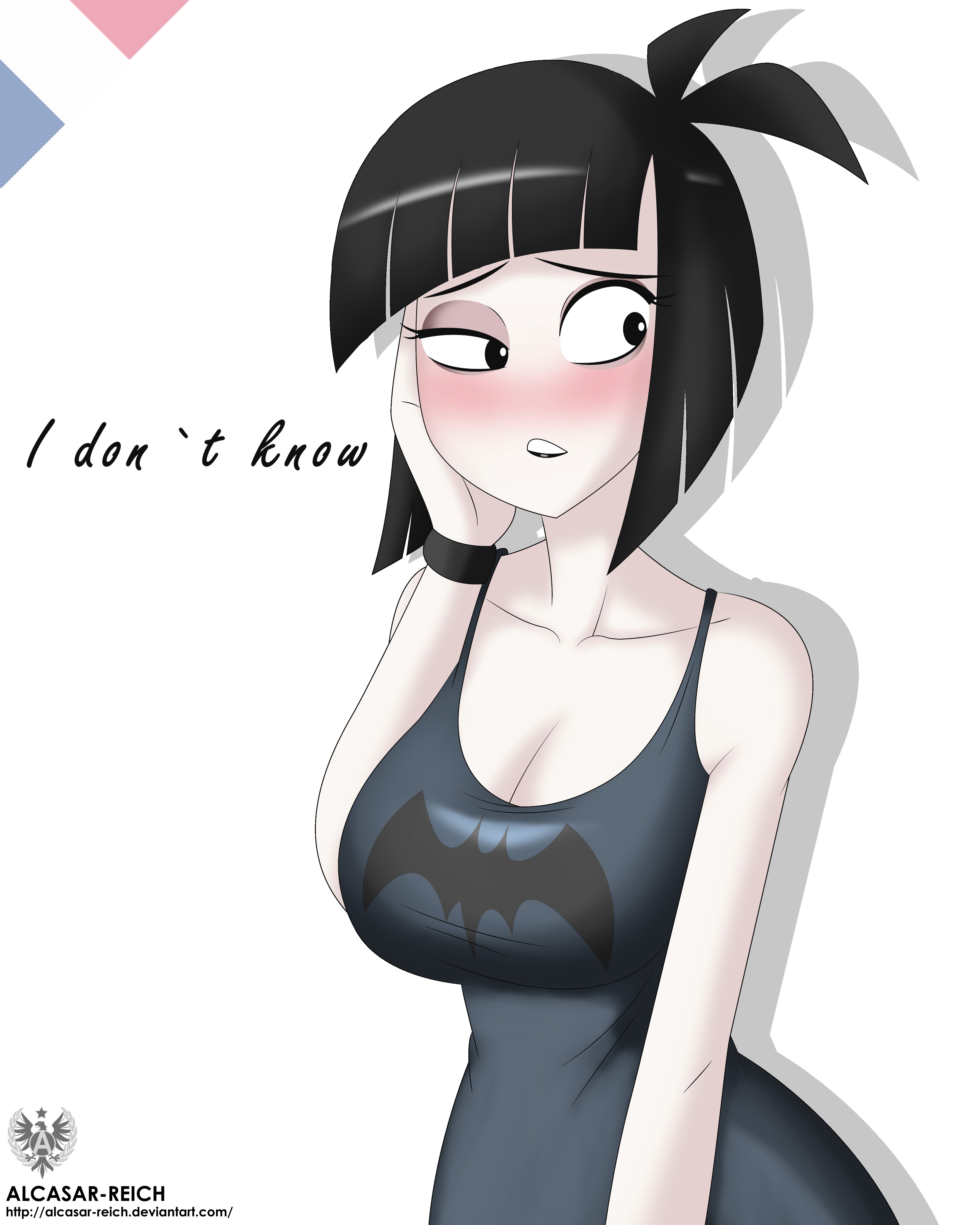 1girls, alcasar-reich, bare shoulders, black hair, blush, bracelet, breasts, cleavage, creepy susie, dialogue, english text, female, female only, hand on own face, large breasts, looking away, short hair, solo, tank top, the oblongs, white skin