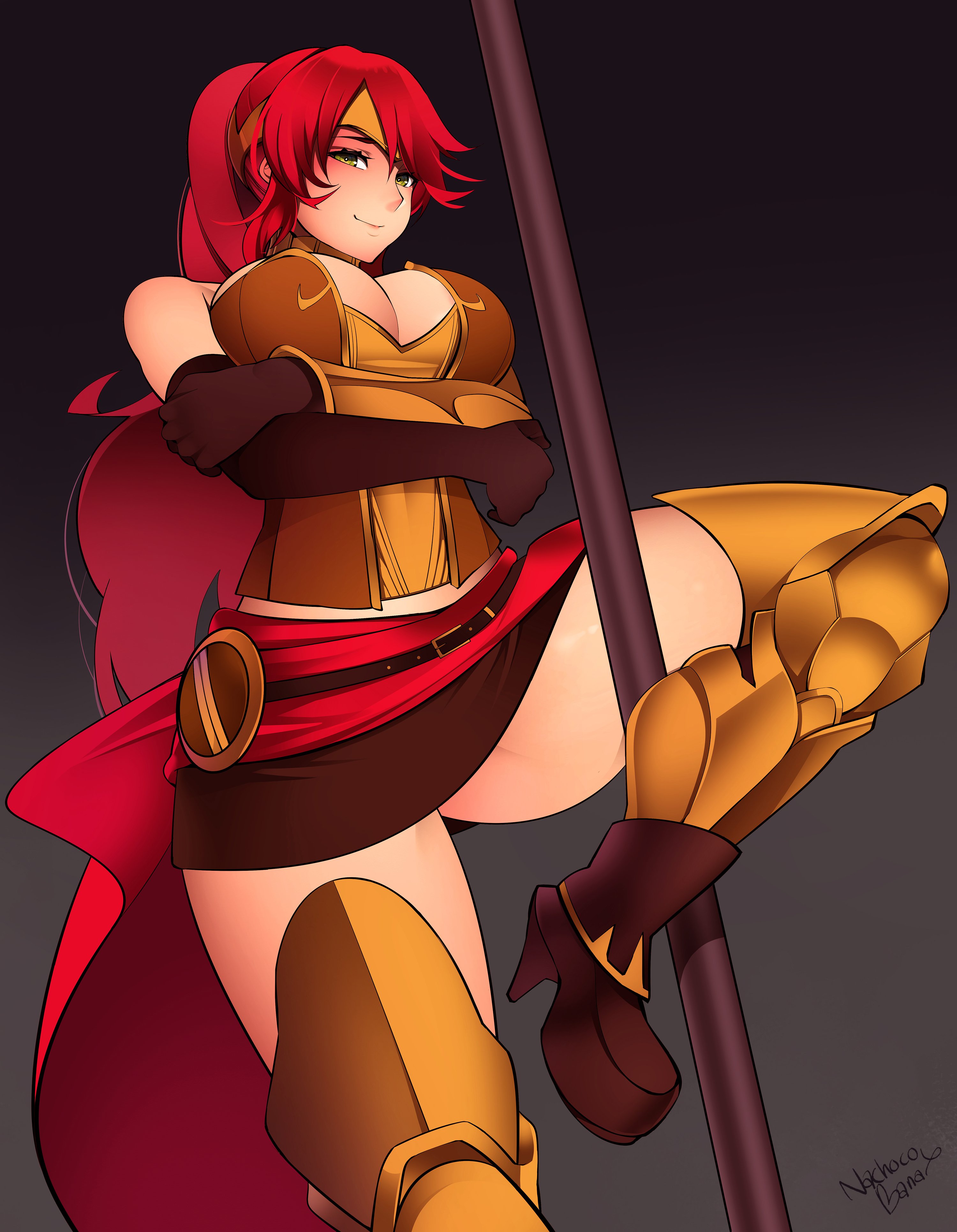 boots, breasts, circlet, crossed arms, female, green eyes, high heel boots, high heels, high ponytail, large breasts, long hair, looking at viewer, looking down, nachocobana, pole, pole dancing, ponytail, pyrrha nikos, red hair, rwby, smile, thick thighs
