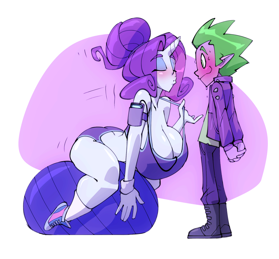 big breasts, bigdad, blush, bodily fluids, bottomwear, bra, breasts, cleavage, closed eyes, clothed, clothing, exercise ball, female, friendship is magic, fully clothed, hasbro, heavy breasts, horn, huge breasts, legwear, male, my little pony, puckered lips, rarity (mlp), shorts, simple background, size difference, smooth skin, socks, spike (mlp), sports bra, sweat, underwear