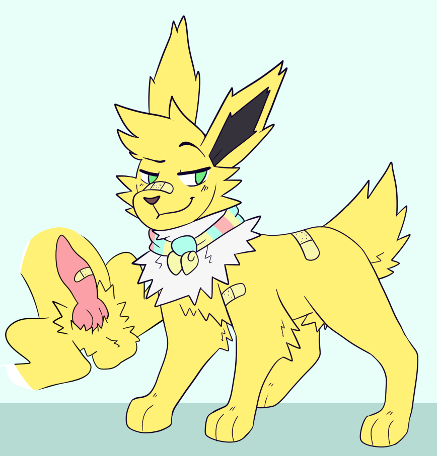 1boy animal_genitalia animal_penis band-aid bandage blue_background canine_penis eeveelution erection feral fur green_eyes jolteon male male_only mammal nasty-fox nintendo original_character penis pokémon_(species) pokemon pokemon_rgby simple_background solo testicles video_games yellow_fur