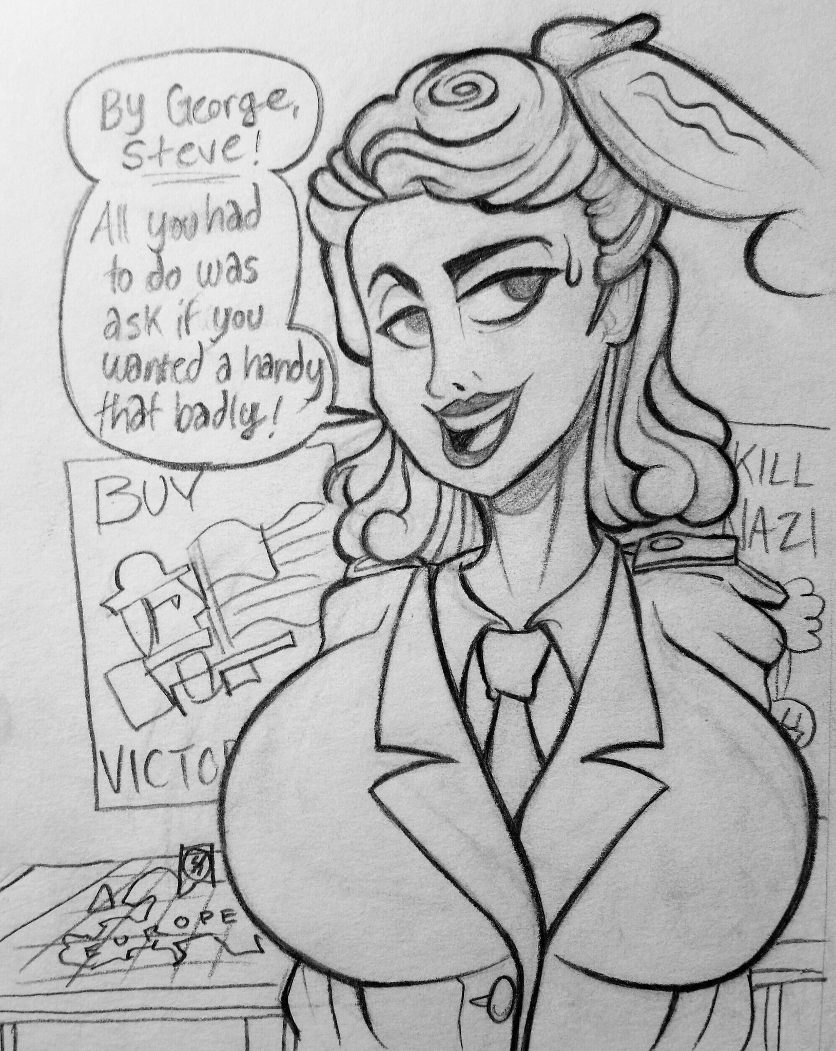 1boy, 1girls, big breasts, breasts, busty, captain america, captain america (series), captain america: the first avenger, dialogue, english text, erect penis, female, huge breasts, large breasts, lipstick, male, marvel, marvel comics, monochrome, paramount pictures, partial male, peggy carter, penis, sinnni97, sketch, speech bubble, steve rogers, straight, sweatdrop, text, veiny penis