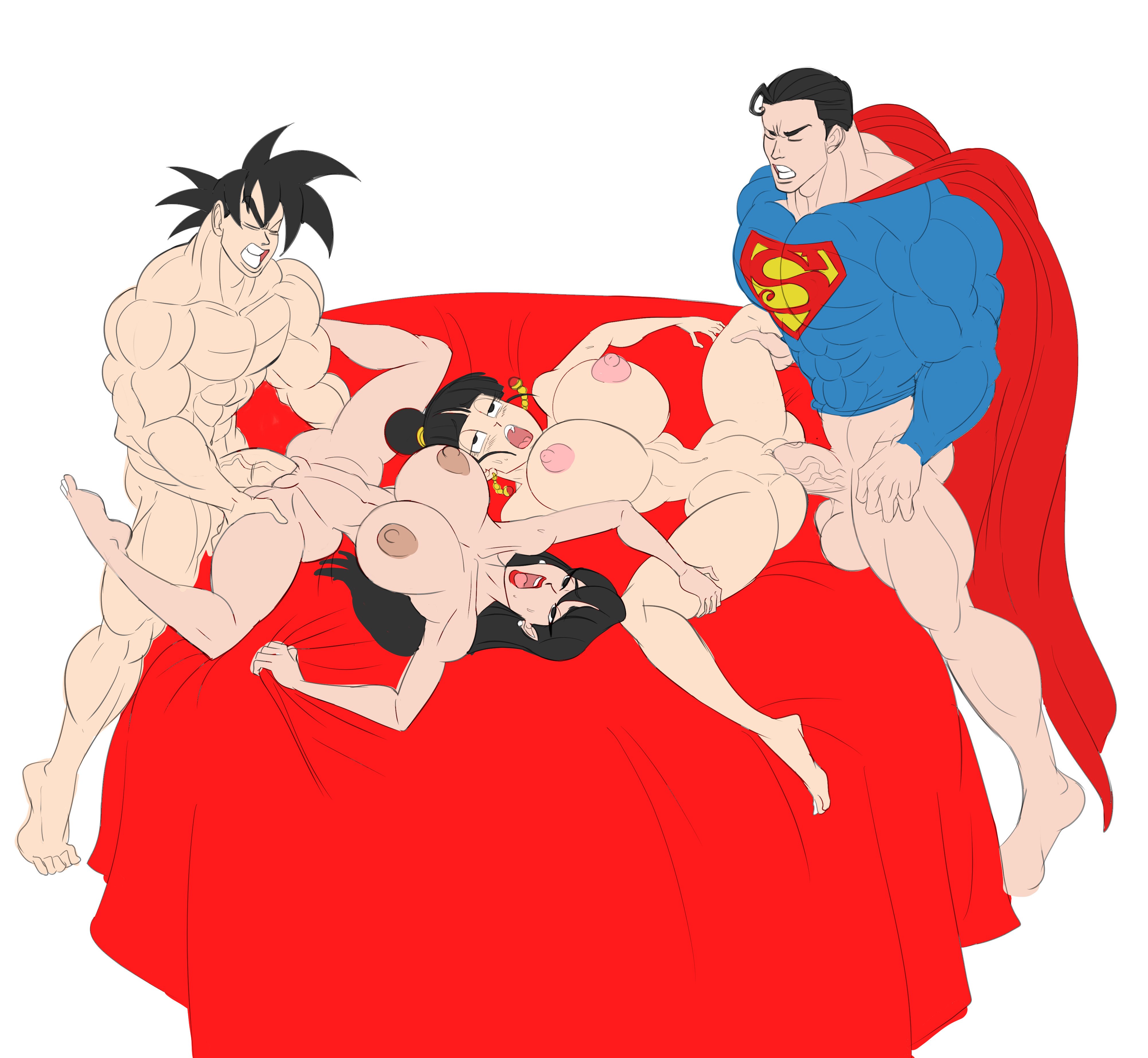 2boys, 2girls, abs, ahe gao, bare shoulders, barefoot, bed, big breasts, bimbo, black eyes, black hair, blush, bottomless, bottomless male, breasts, breasts bigger than head, busty, canon couple, cape, chichi, clark kent, clenched teeth, closed eyes, crossover, curvy, dc, dc comics, dcau, dragon ball, dragon ball z, dress, ear piercing, earrings, eastern and western character, erect nipple, erect nipples, excessive muscles, eyelashes, female, front view, fucked silly, goku, grab, grabbing, group, hair bun, half dressed, half-dressed, hourglass figure, human, human only, husband and wife, kal-el, kryptonian, light skin, light-skinned female, light-skinned male, lipstick, lois lane, lois lane (dcau), long hair, makeup, male, mature, milf, mother, multiple boys, multiple females, multiple girls, multiple males, muscles, muscular, muscular male, nipples, no pants, nude, open mouth, partner swap, penis, piercing, pose, posing, pussy, red lipstick, rolling eyes, sex, shaved pussy, sheet grab, sheets, short hair, simple background, son goku, standing, standing sex, straight, sun1sol, superman, superman (clark kent), superman (series), superman: the animated series, swapping partners, sweat, swingers, tied hair, vaginal penetration, veiny penis, voluptuous, white background, wide hips, wife swap