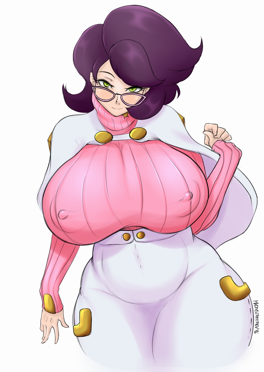 1girls aether_foundation alternate_breast_size ass breasts chubby clothed covered_navel covered_nipples erect_nipples eye_contact female female_only glasses green_eyes half-closed_eyes hand_up huge_ass huge_breasts looking_at_viewer milf mkonstantinov nipple_bulge plump pokemon pokemon_sm purple_hair seductive seductive_look seductive_smile simple_background sleeves_past_wrists smile solo sweater text thick_thighs thighs watermark wicke_(pokemon) wide_hips