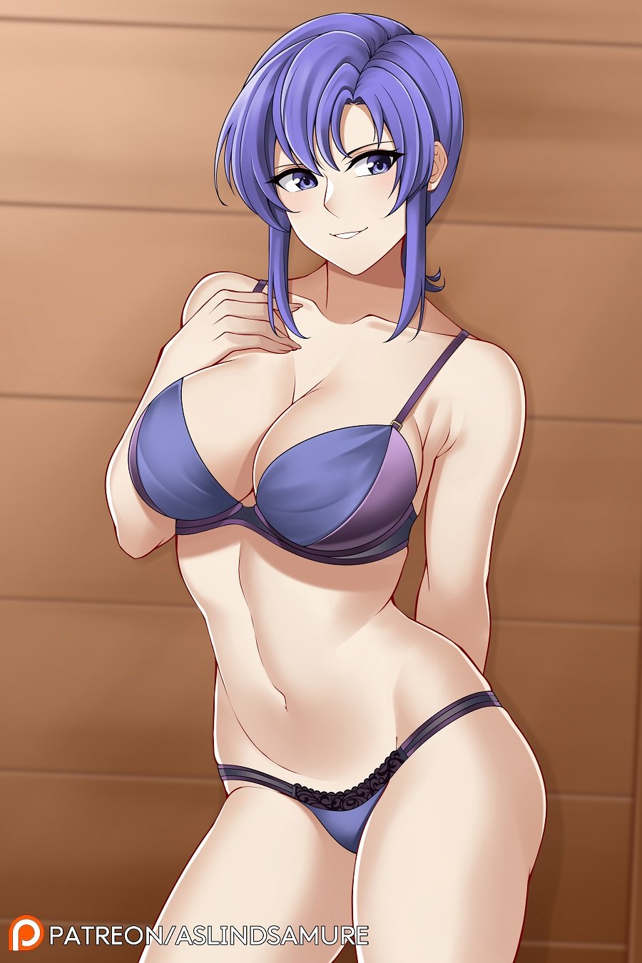 1girls, aslindsamure, blue eyes, blue panties, bra, breasts, cleavage, female, female only, fire emblem, fire emblem: the blazing blade, large breasts, lingerie, nintendo, panties, purple eyes, purple hair, smile, solo, underwear, ursula (fire emblem), watermark