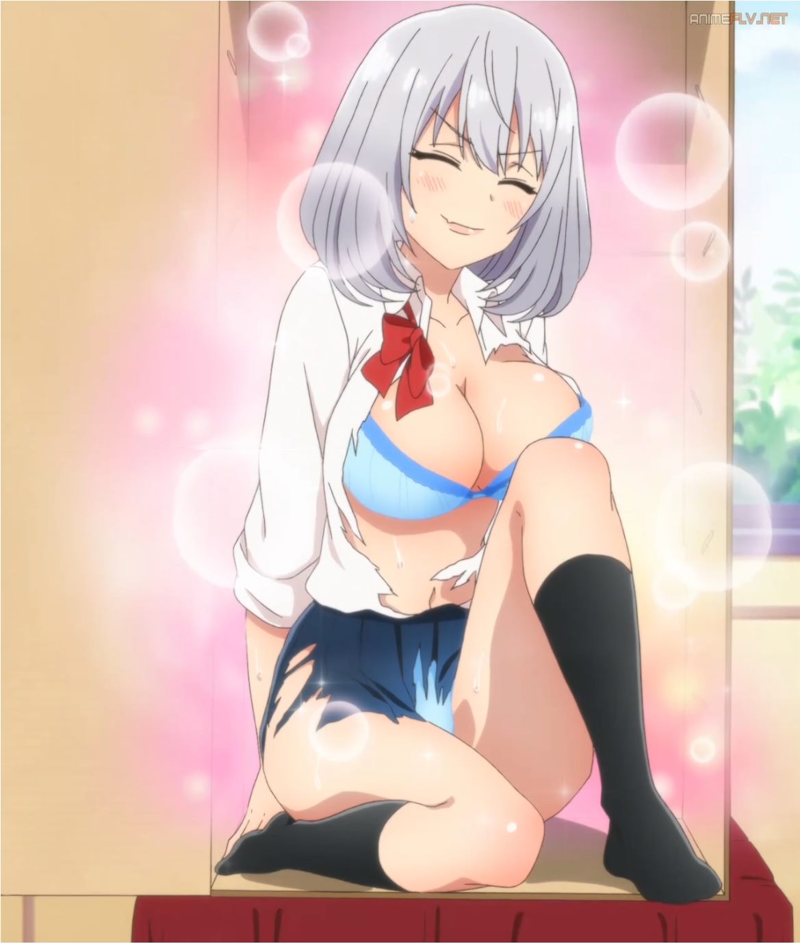 1girls, blush, bra, breasts, female, female only, large breasts, official art, panties, school uniform, short hair, silver hair, skirt, smile, tejina senpai, tejina senpai (character), thick thighs, torn clothes
