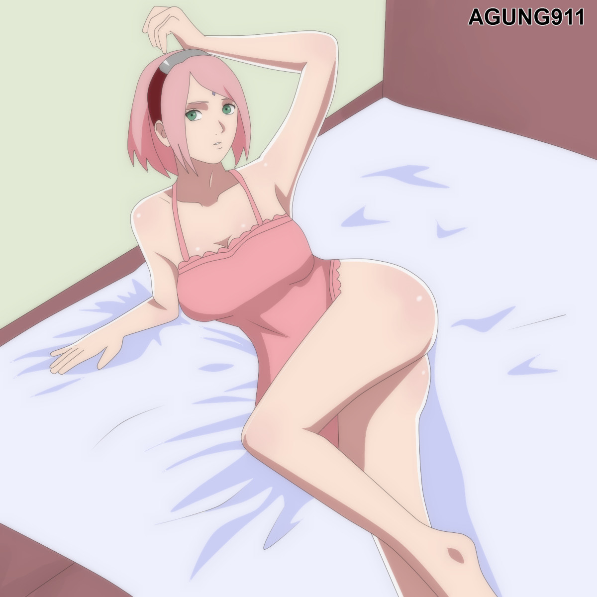 1girls, agung911, alternate breast size, arm up, armpits, ass, barefoot, bed, big breasts, bottomless, breasts, cleavage, dress, eye contact, feet, female, female only, green eyes, hairband, half-closed eyes, human, large breasts, looking at viewer, naruto, naruto (series), naruto: the last, on bed, on side, pink hair, pose, sakura haruno, short hair, solo, source request, text, thick thighs, waiting, watermark, wide hips