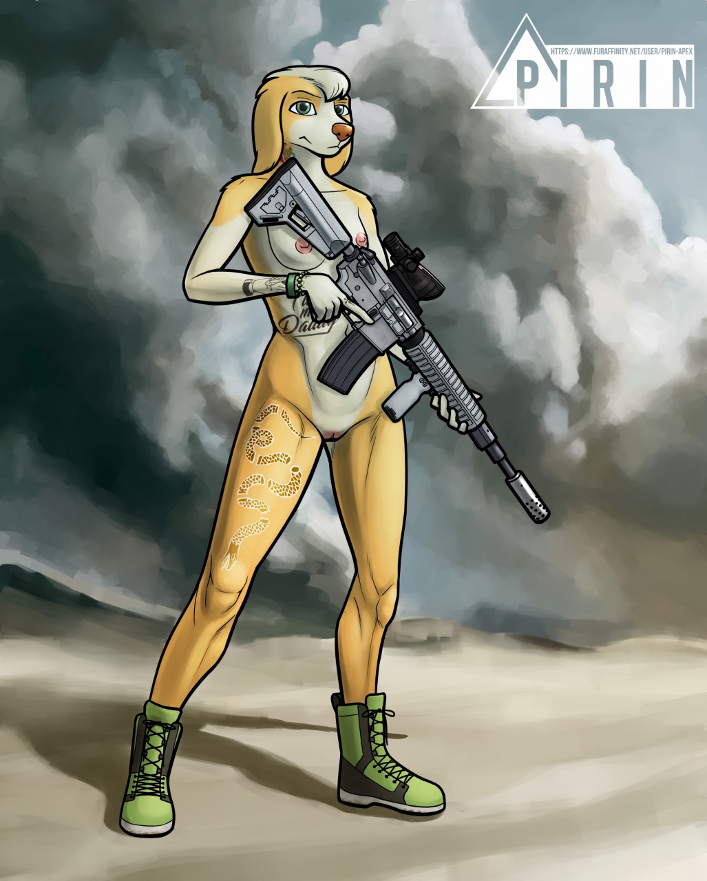 2019 anthro barely_visible_genitalia barely_visible_pussy bird_dog bracelet breasts canid canine canis clothing cocker_spaniel digital_media_(artwork) domestic_dog female fingers footwear fur gun hair hi_res holding_gun holding_object holding_weapon hunting_dog jewelry mammal mostly_nude nipples pirin-apex pussy ranged_weapon shoes small_breasts solo spaniel standing tattoo weapon