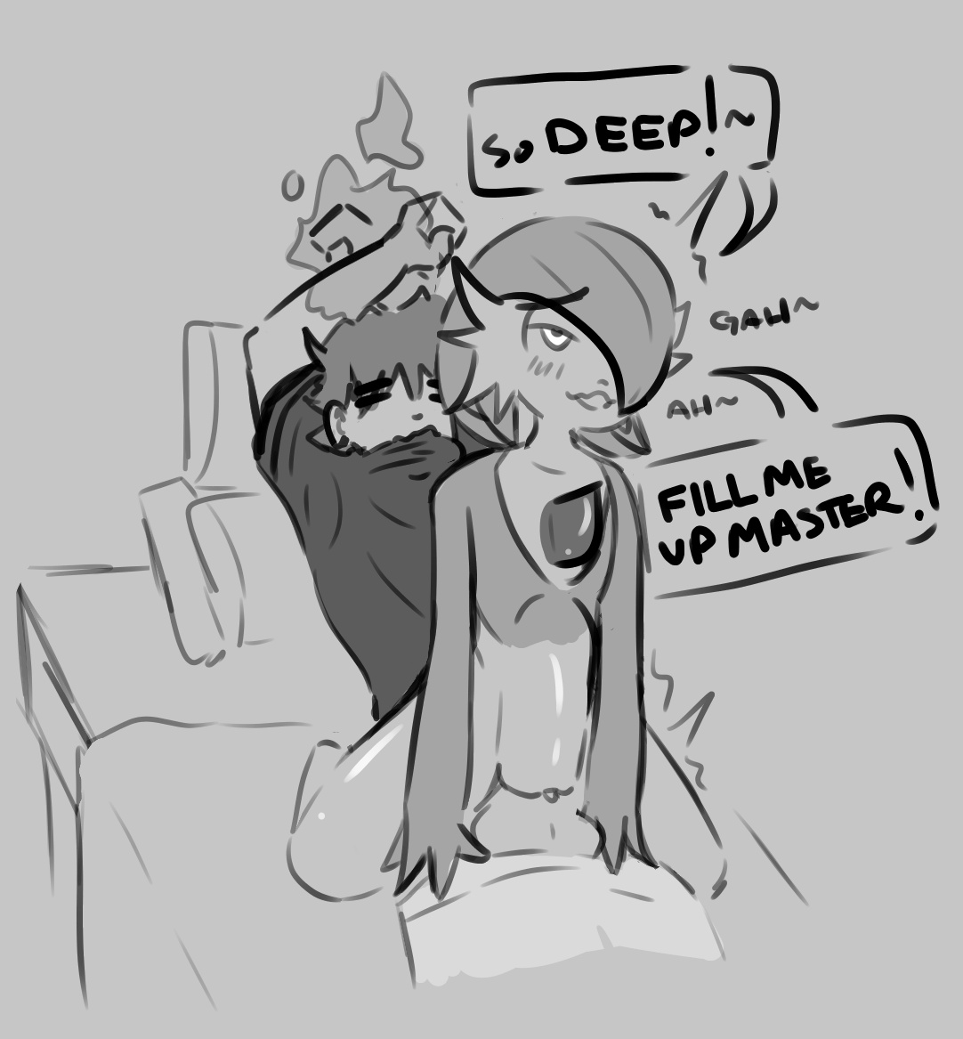 1boy, 1girls, bed, biting shirt, bondage, bound, breasts, bulge, clothed sex, cowgirl position, cum inside request, english text, female, female on top, femdom, flat chest, gardevoir, interspecies, male, monochrome, no breasts, on top, pokémon (species), pokemon, pokemon (species), pokemon rse, pokemon trainer, pussy, rape, restrained, reverse cowgirl position, reverse rape, ride, riding, rough sketch, sex, shewiff, sketch, stomach bulge, text, vaginal penetration