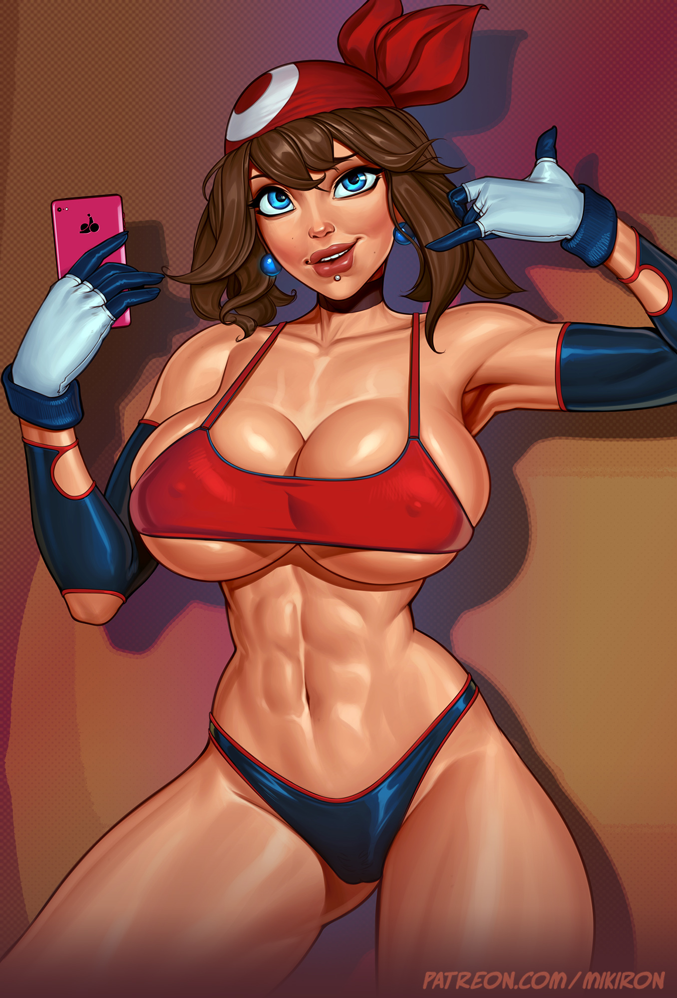 1girls, abs, alternate breast size, armpits, big breasts, bimbo, blue eyes, breasts, brown hair, cameltoe, cleavage, clothing, earrings, eye contact, female, female only, gloves, hair, hourglass figure, huge breasts, human, human only, large breasts, lipstick, looking at viewer, may (pokemon), mikiron, muscular, muscular female, nintendo, nipple bulge, panties, patreon, phone, piercings, pokemon, pokemon rse, pose, pussy, shirt, short hair, smartphone, solo, standing, text, thick thighs, underboob, url, video games, watermark