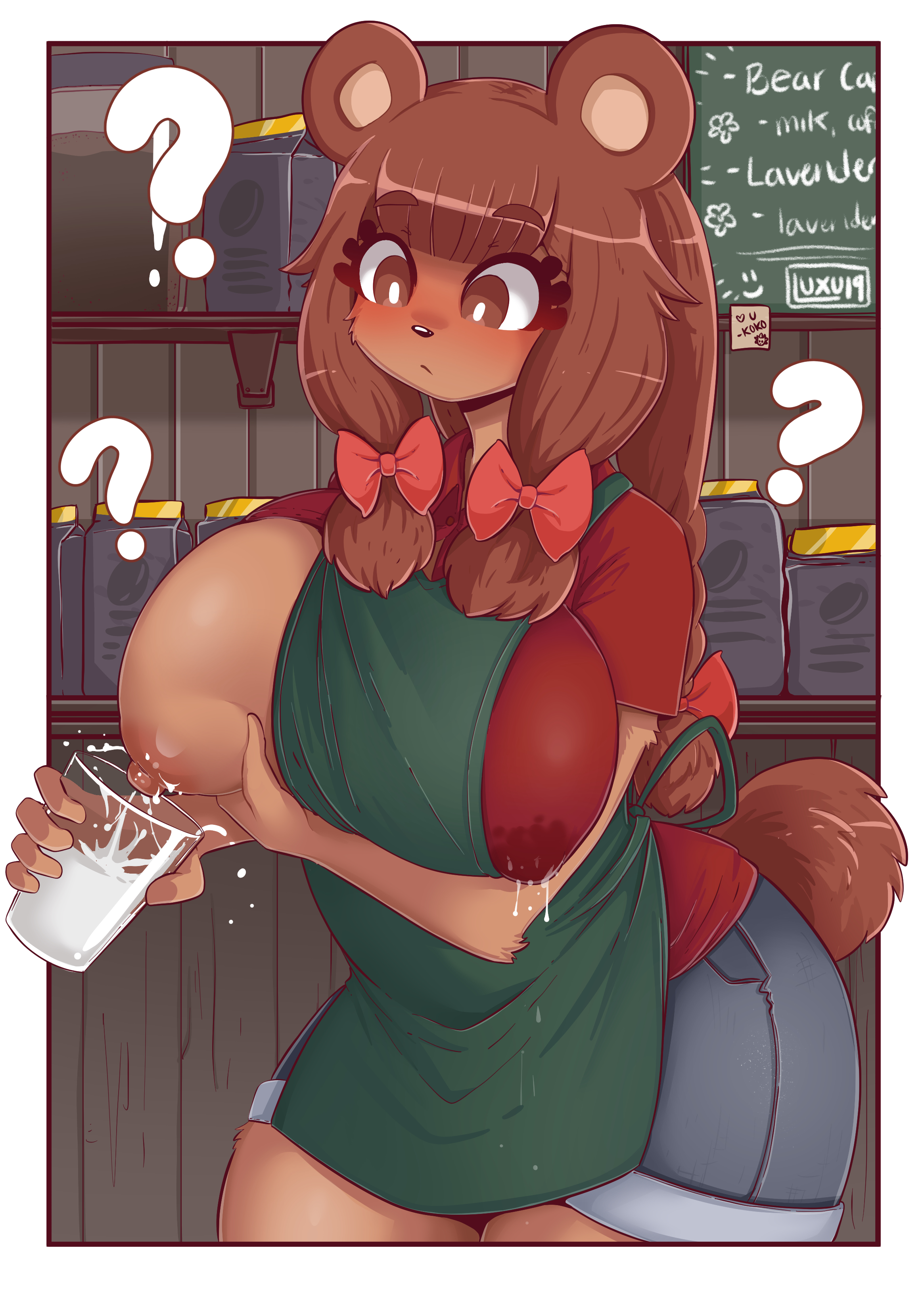 1girls, absurdres, areolae, barista, bear girl, beau (luxurias), big breasts, blunt bangs, breast milking, breasts, brown fur, female, female only, fur, furry, glass, highres, lactating in glass, lactation, lactation through clothes, large breasts, luxurias, milk, nipples, one breast out, original, original character, solo