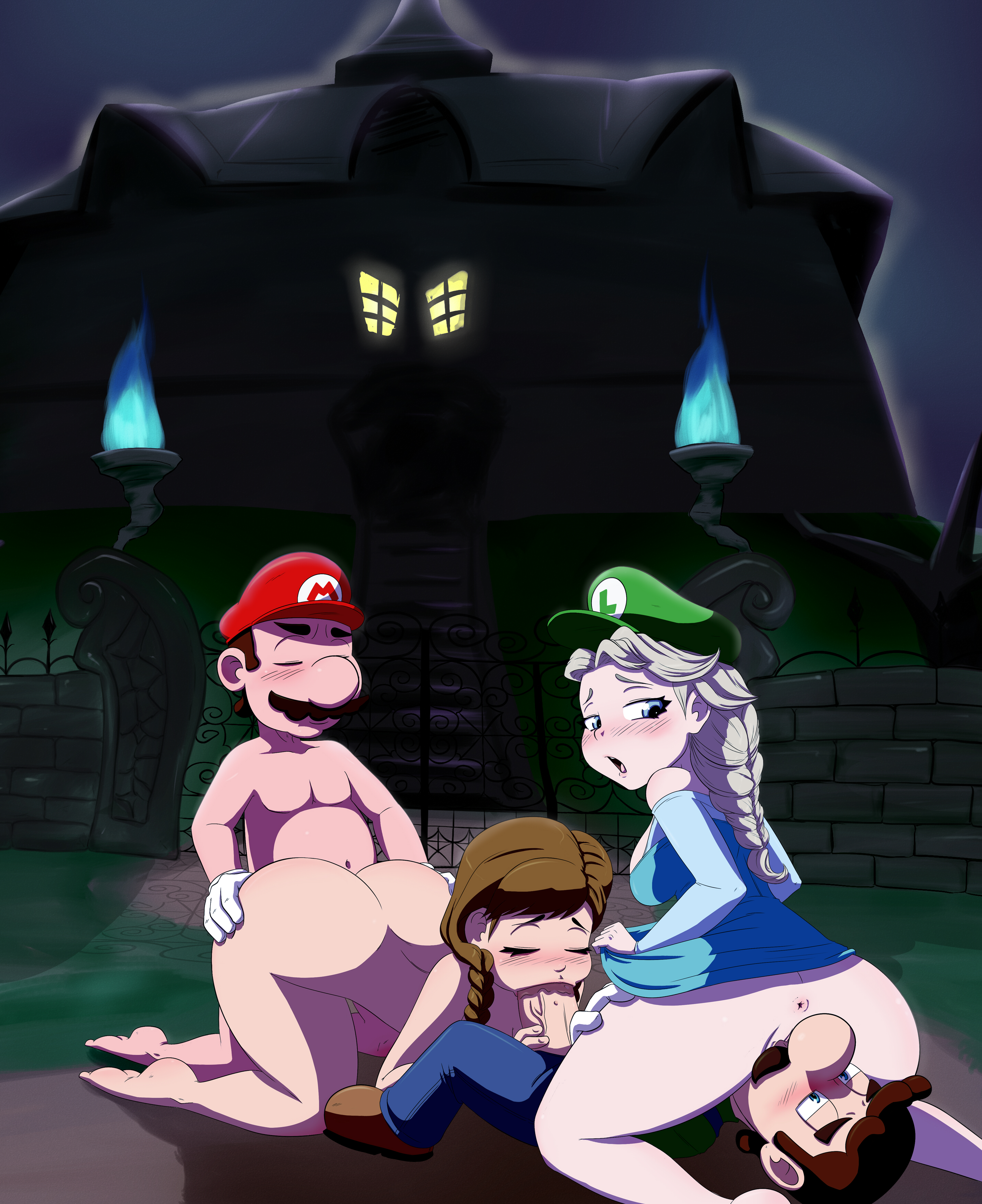2boys, 2girls, age difference, anna (frozen), anus, ass, blonde hair, blowjob, breasts, brother, brothers, brown hair, clothed sex, clothing, crossover, crot, disney, doggy style, double penetration, dress lift, eastern and western character, elsa (frozen), facesitting, feet, fellatio, female, foursome, frozen (film), large breasts, large penis, licking, luigi, luigi's mansion, male, mario, mario (series), multiple boys, multiple females, multiple girls, multiple males, nintendo, oral, oral sex, outdoors, penis, pigtails, ponytail, public, public sex, pussy, saliva, saliva on penis, saliva trail, sex, sisters, spitroast, sucking, twintails, wet pussy