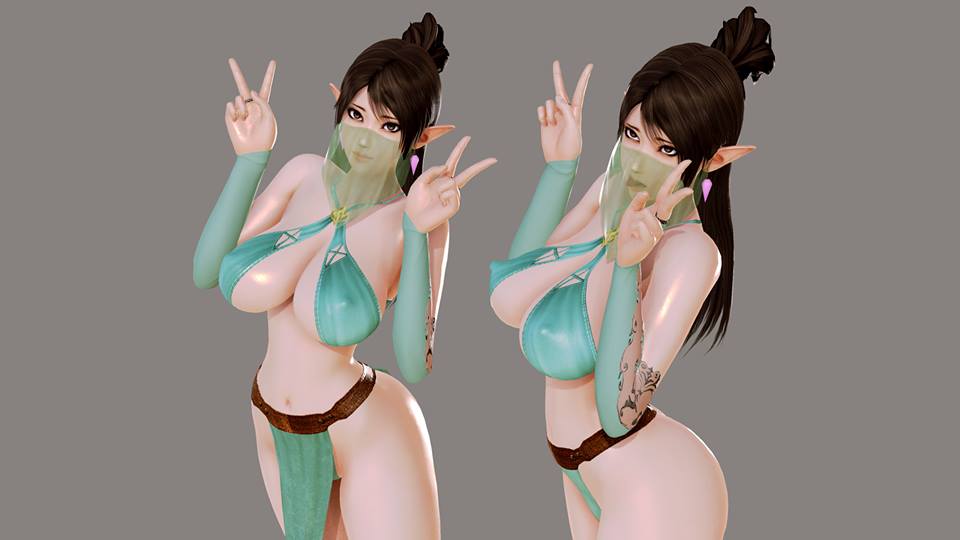 2girls, 3d, big breasts, black hair, breasts, clone, elf, female, female only, impossible clothes, multiple females, multiple girls, nipple bulge, nipples, paladins, peace sign, pointy ears, sideboob, veil, ying (paladins)
